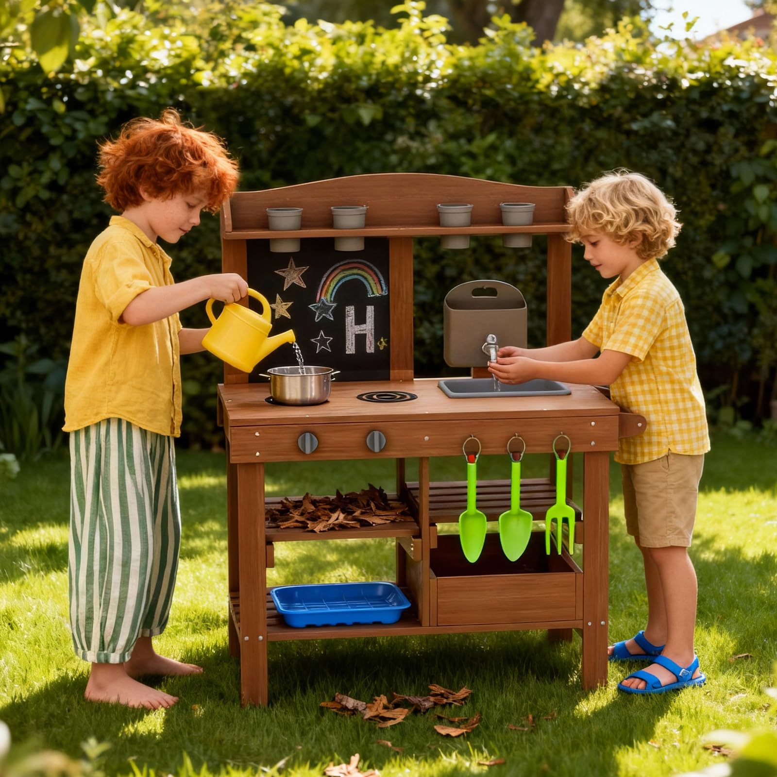 Mud Kitchen for Outdoor, Wooden Outdoor Pretend Kitchen with Sink, Water Slide, Faucet, Stove, Chalkboard and Storage Shelves M3