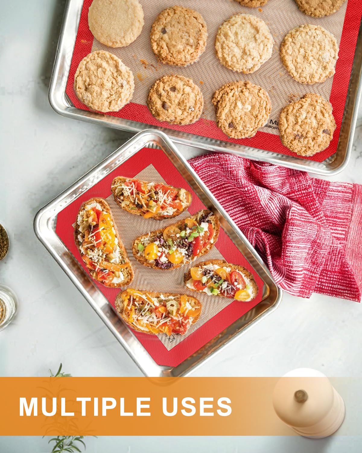 Tappetino Silicone Forno 5PCS, Sopito Carta Forno Riutilizzabile Antiaderente e Sicura per Gli Alimenti, Ideale Tappetino Microforato per Forno per Biscotti, Amaretti e Pasticcini, Rosso