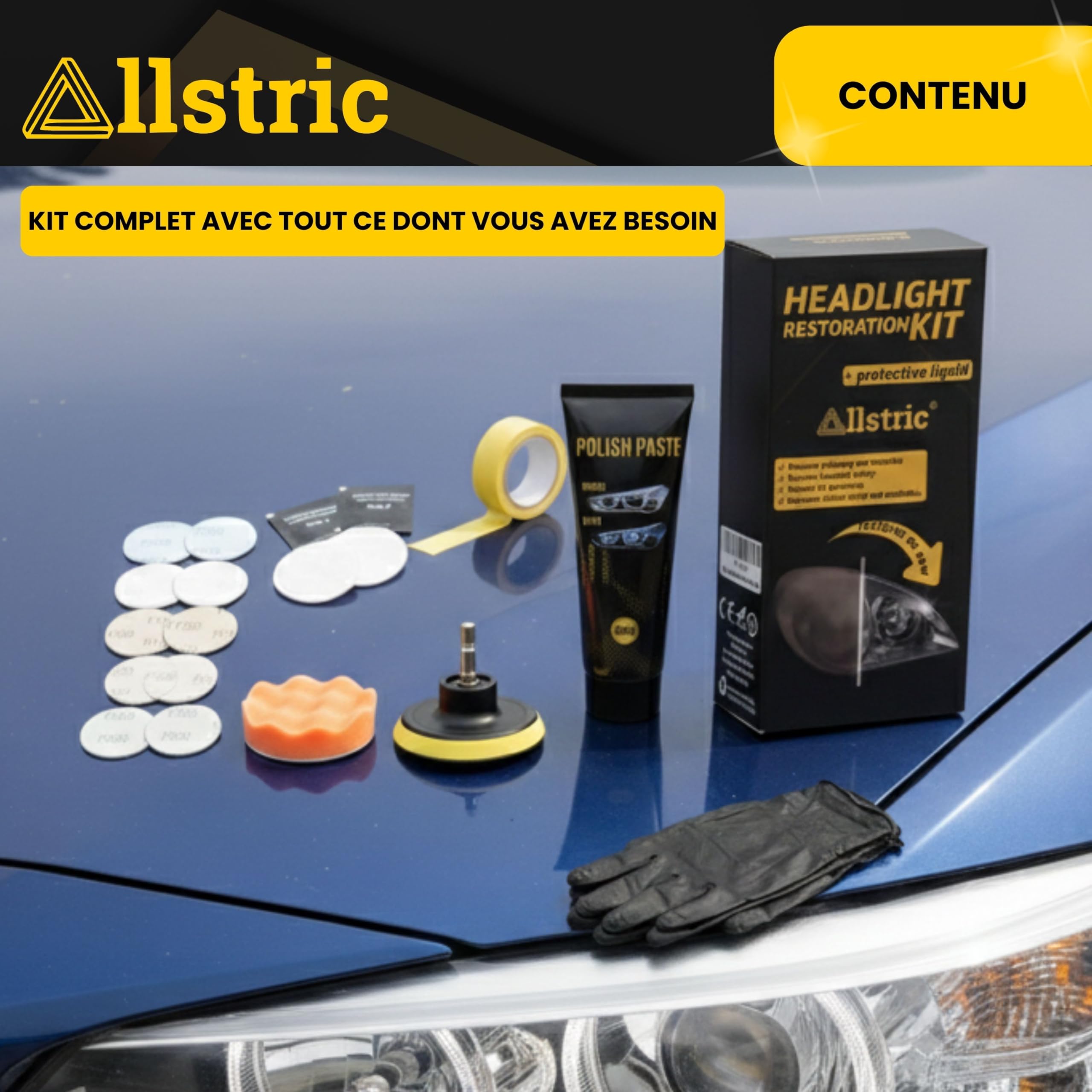 Kit Renovation Phare Voiture avec Vernis Phare Anti-UV et Polish Phare Voiture. Kit Polissage Phare Voiture Complet avec Produits de Nettoyage. Rénovateur Phare pour Meilleure Visibilité
