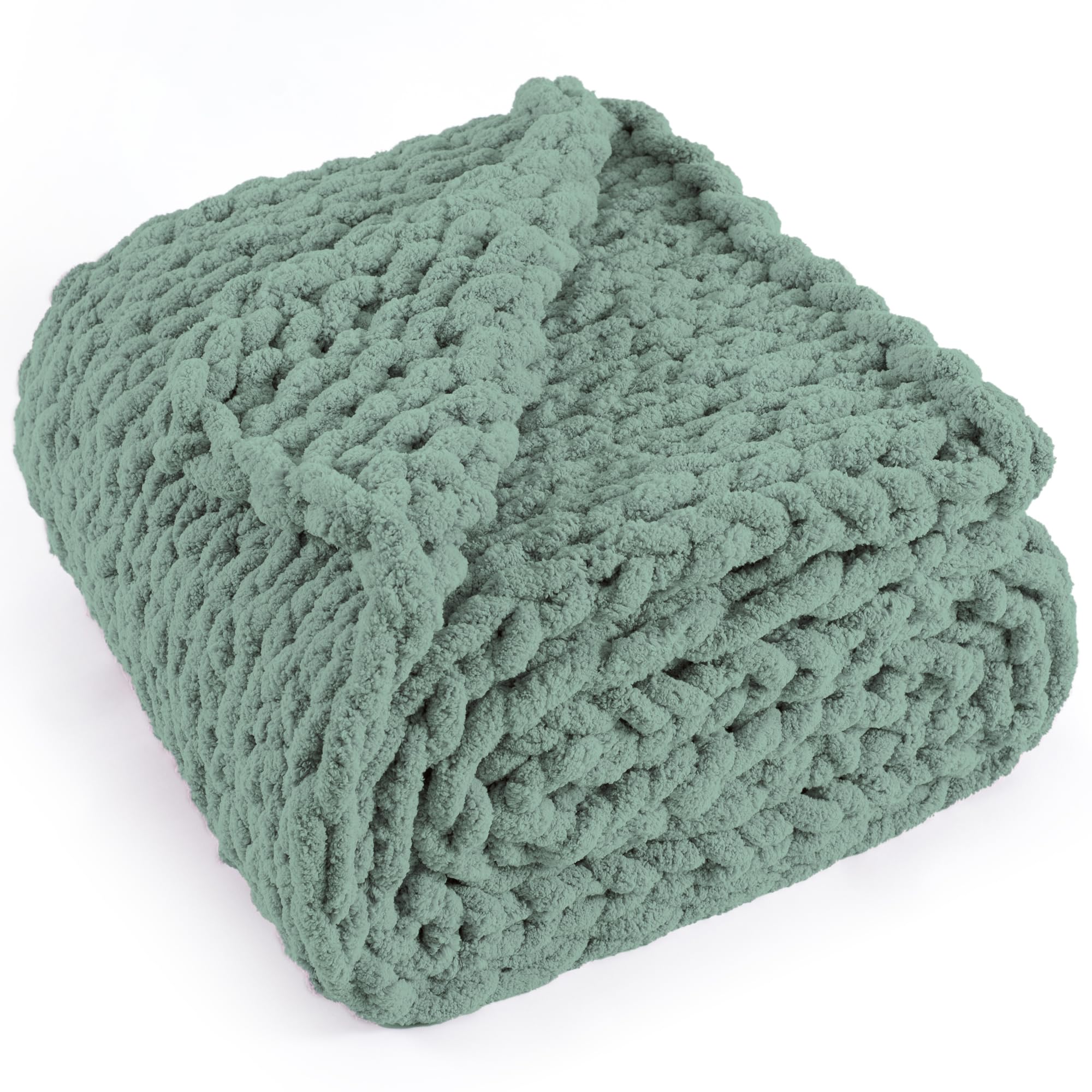 Chunky Knit Throw Blanket 50"X 60", 100% Handmade with Soft Chenille Yarn, 4.4lbs Thick Cable Knitted Blankets, Large Rope Knot Crochet Throws for Couch Sofa Bed Home Decor, Sage Green