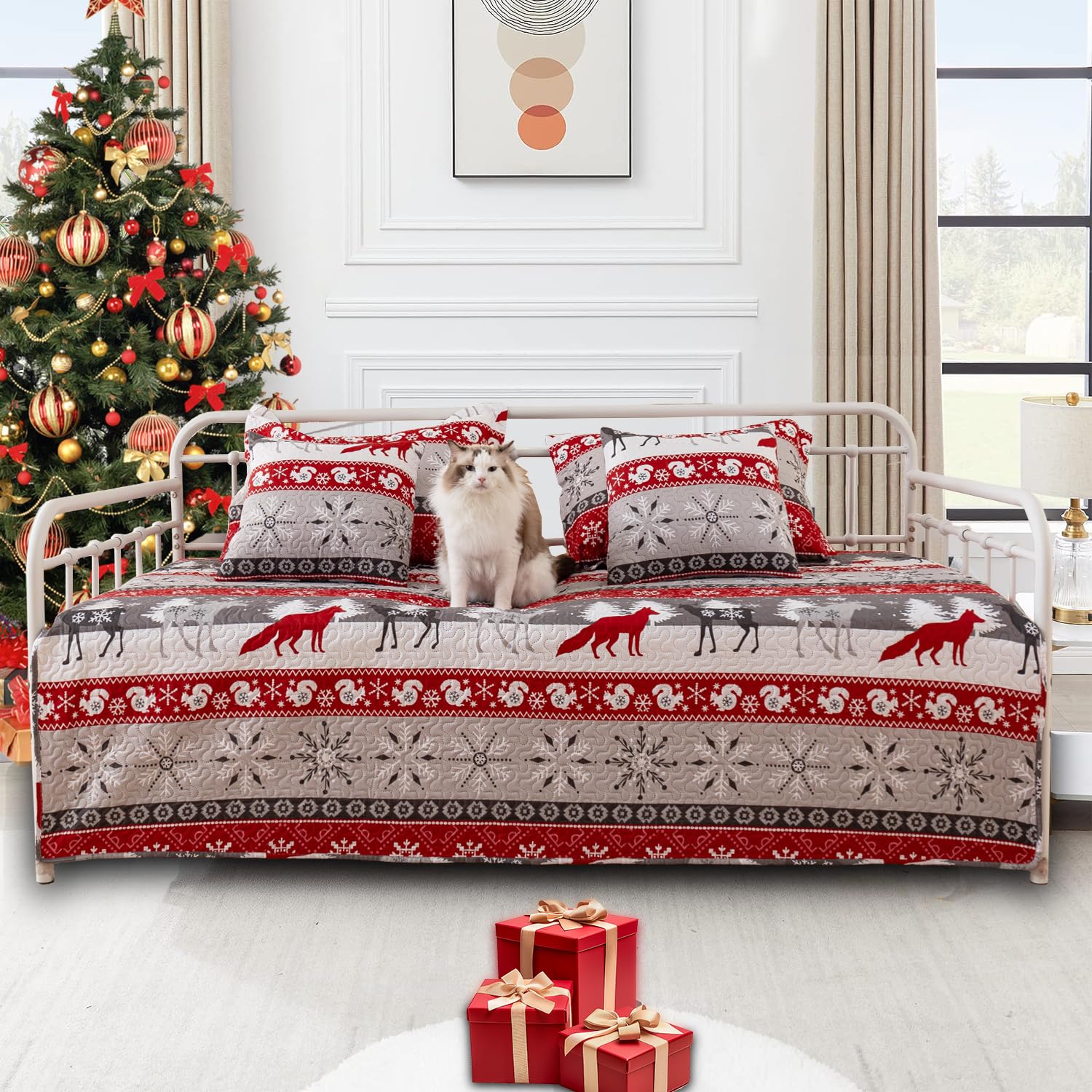 5-Piece Christmas Daybed Cover Set Twin Cozy Xmas Snowflake elk Daybed Bedding Sets New Year Daybed Comforter Bedspread, Santa Day Bed Cover for Twin Bed with 4 Pillow Shams,39"x75"(Red Gray)