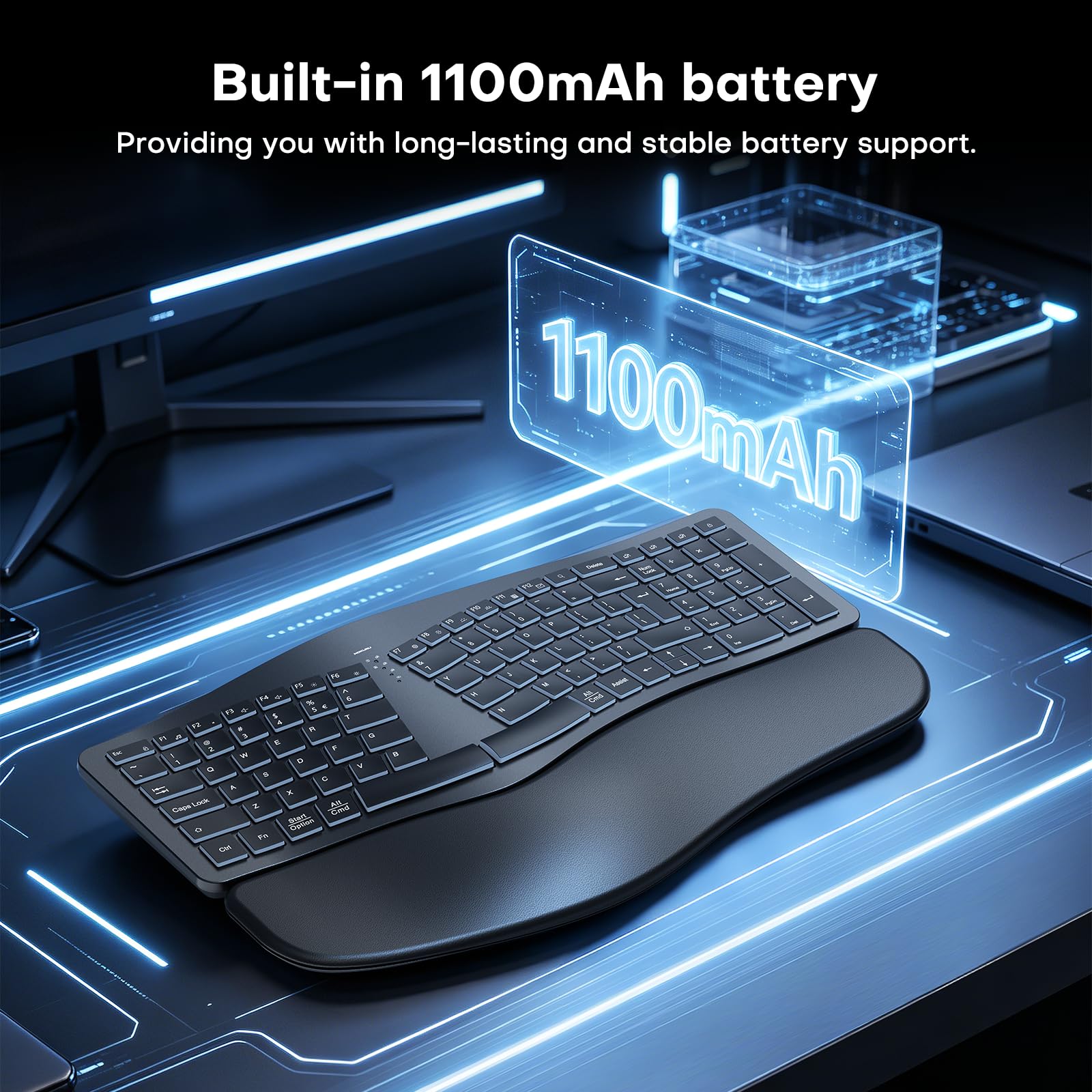MOKURU Tastiera ergonomica senza fili, tastiera divisa con poggiapolsi, tastiera per computer BT 2,4 G, compatibile con Windows, Mac OS, PC/laptop (nero)