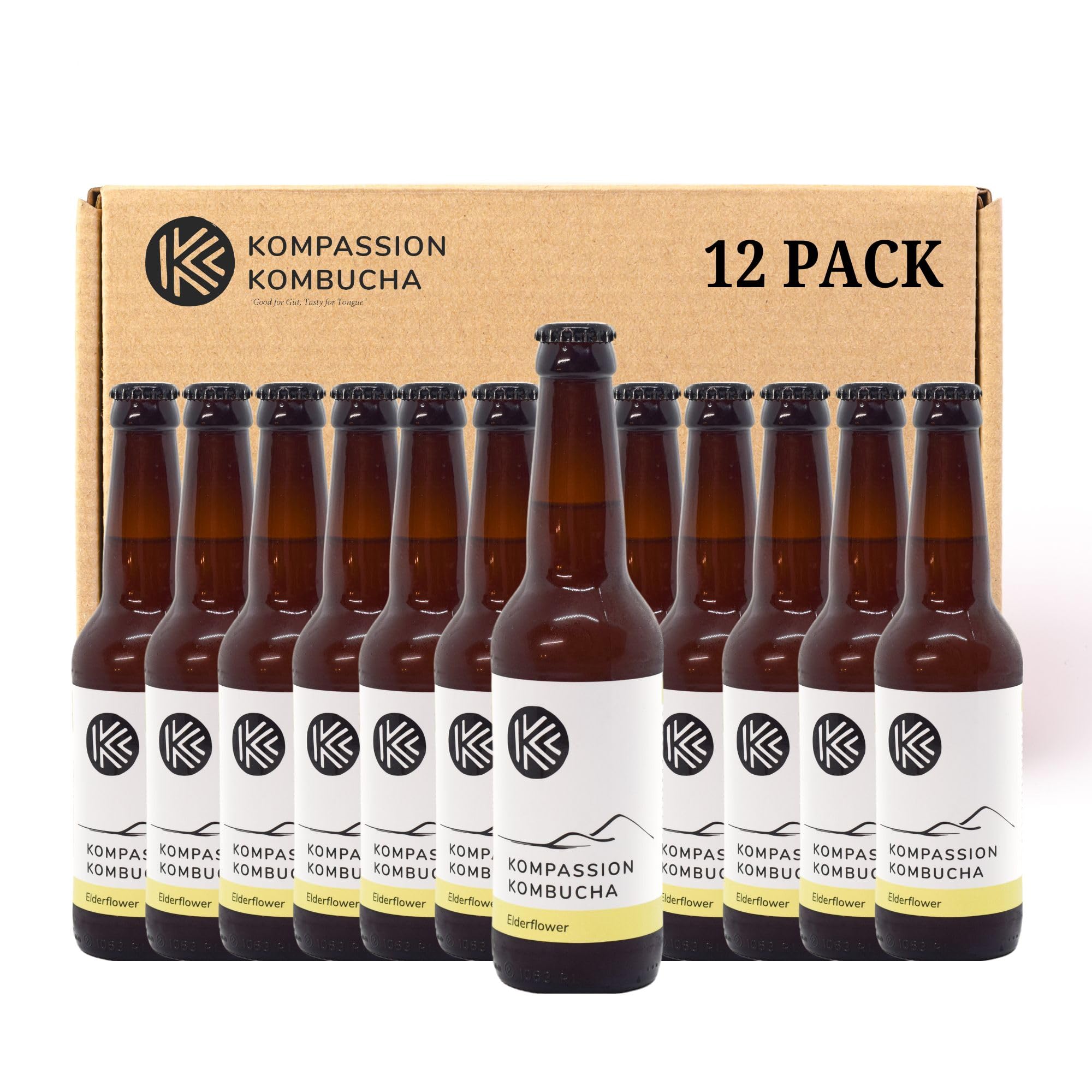 Kompassion Kombucha Soft Drink Tea Elderflower Flavour- Gluten Free, Vegan, Low-Calorie Beverage- 330ml (12 Pack)