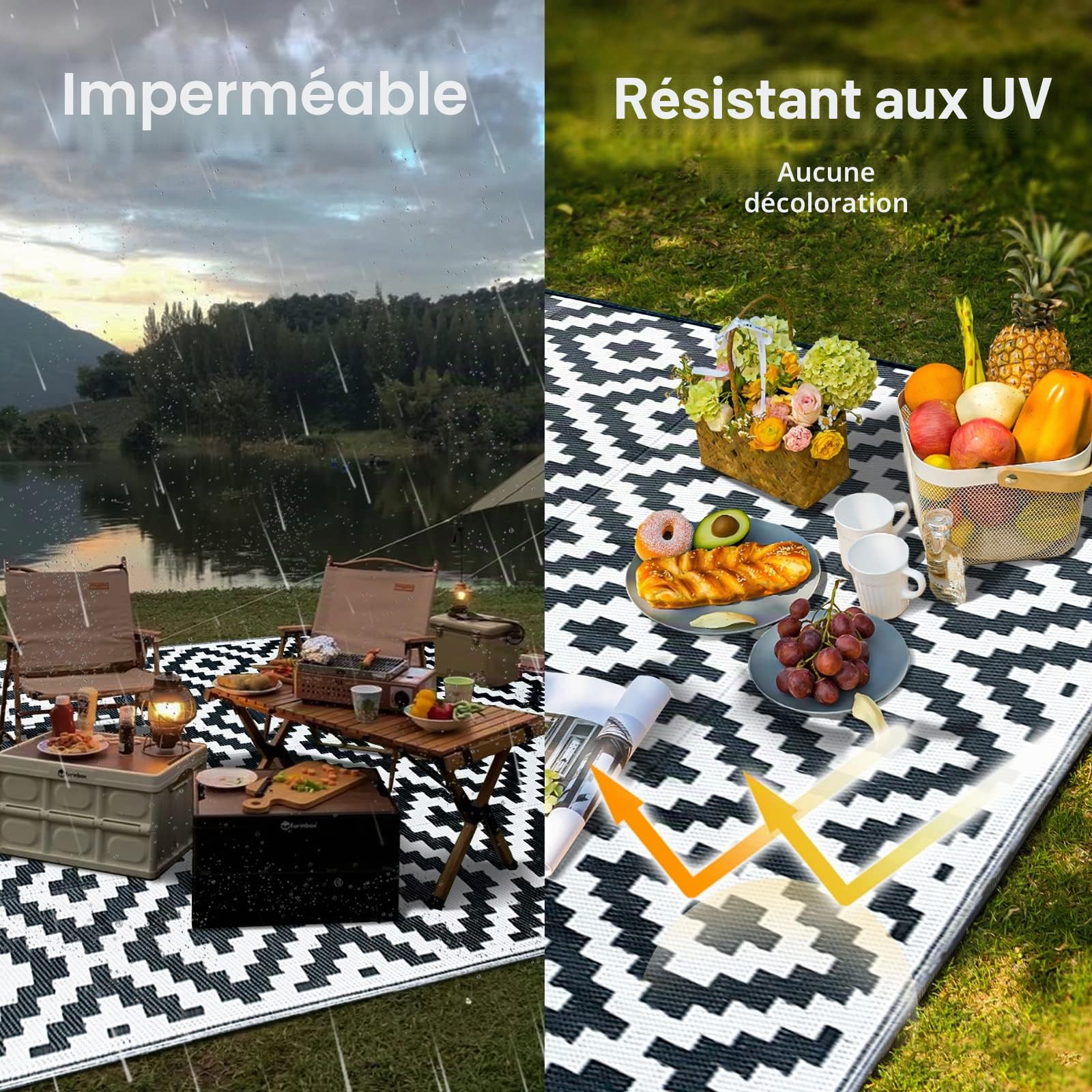 CHOSHOME Tapis pour Extérieur 150X240CM Tapis d'extérieur Robuste Résistant aux intempéries aux UV, pour Balcon, terrasse, Jardin d'hiver, Cuisine ou Salle à Manger Tapis réversible Noir