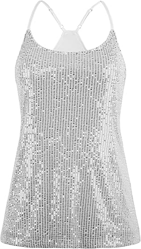 Miniatura 5 de PrettyGuide Camiseta de tirantes brillantes con lentejuelas para mujer, camiseta sin mangas brillante, Metálico