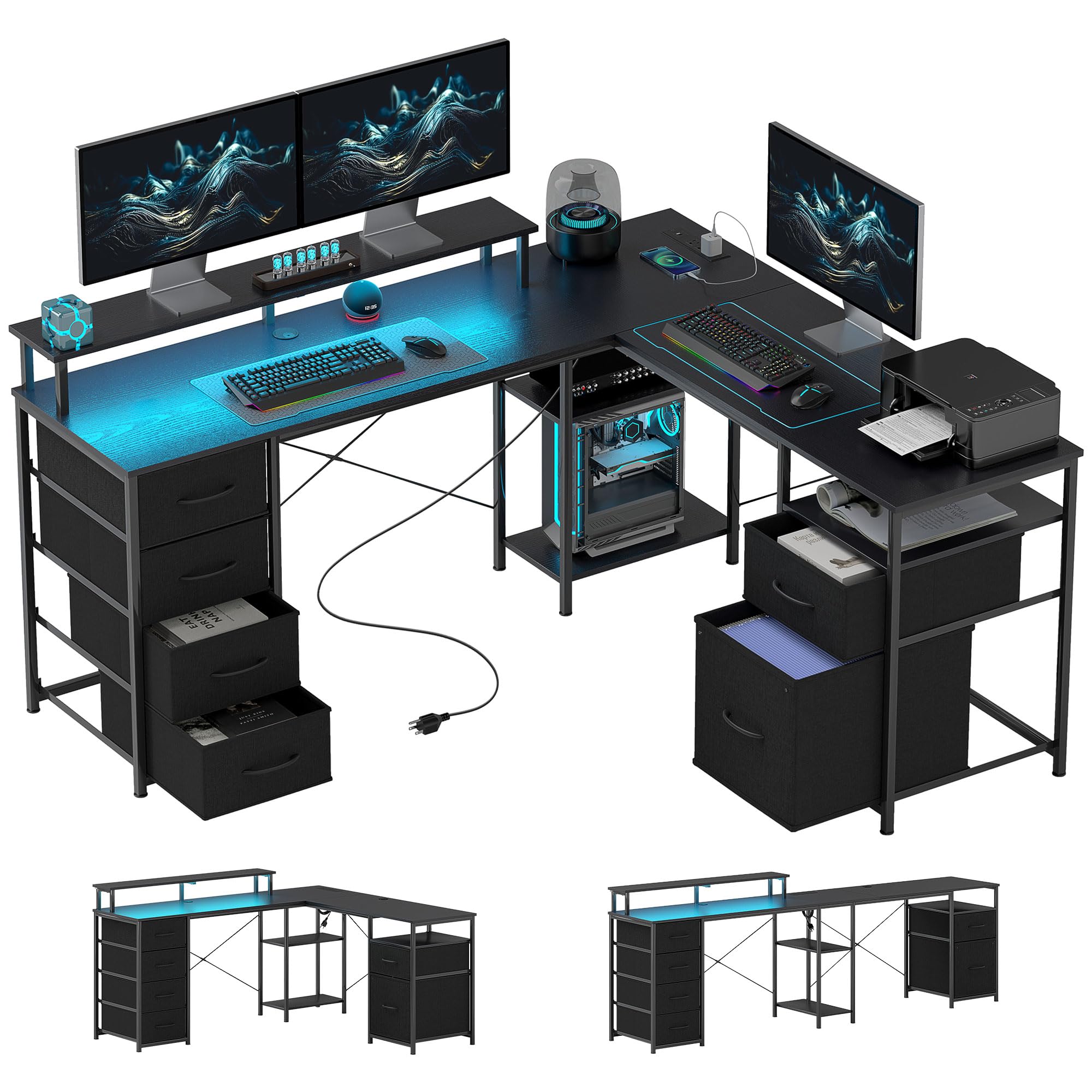 HOMCOM 66" L Shaped Gaming Desk, Reversible, 105" 2 Person Computer Desk with File Cabinet and Fabric Drawers, Power Outlets and LED Lights, Monitor Stand, Distressed Black