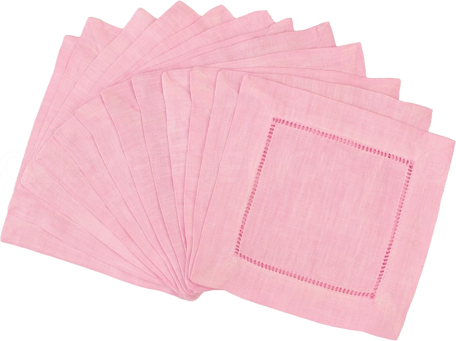 CleverDelights 6" Light Pink Linen Hemstitch Cocktail Napkins - 12 Pack - 100% Linen