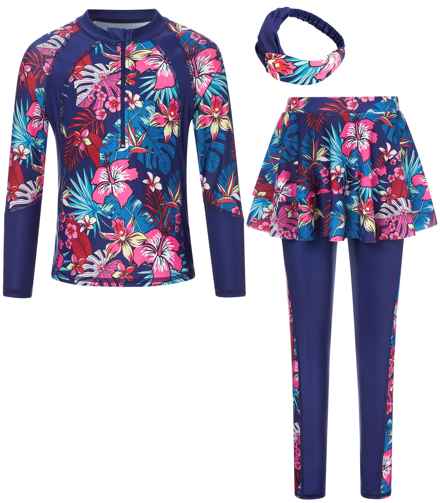 Girls Long Sleeve Rashguard Half Zip Swimsuits UPF 50+ Two Piece Swim Sets with Hairband 5-12Y | Two Piece Swim Sets with Hairband