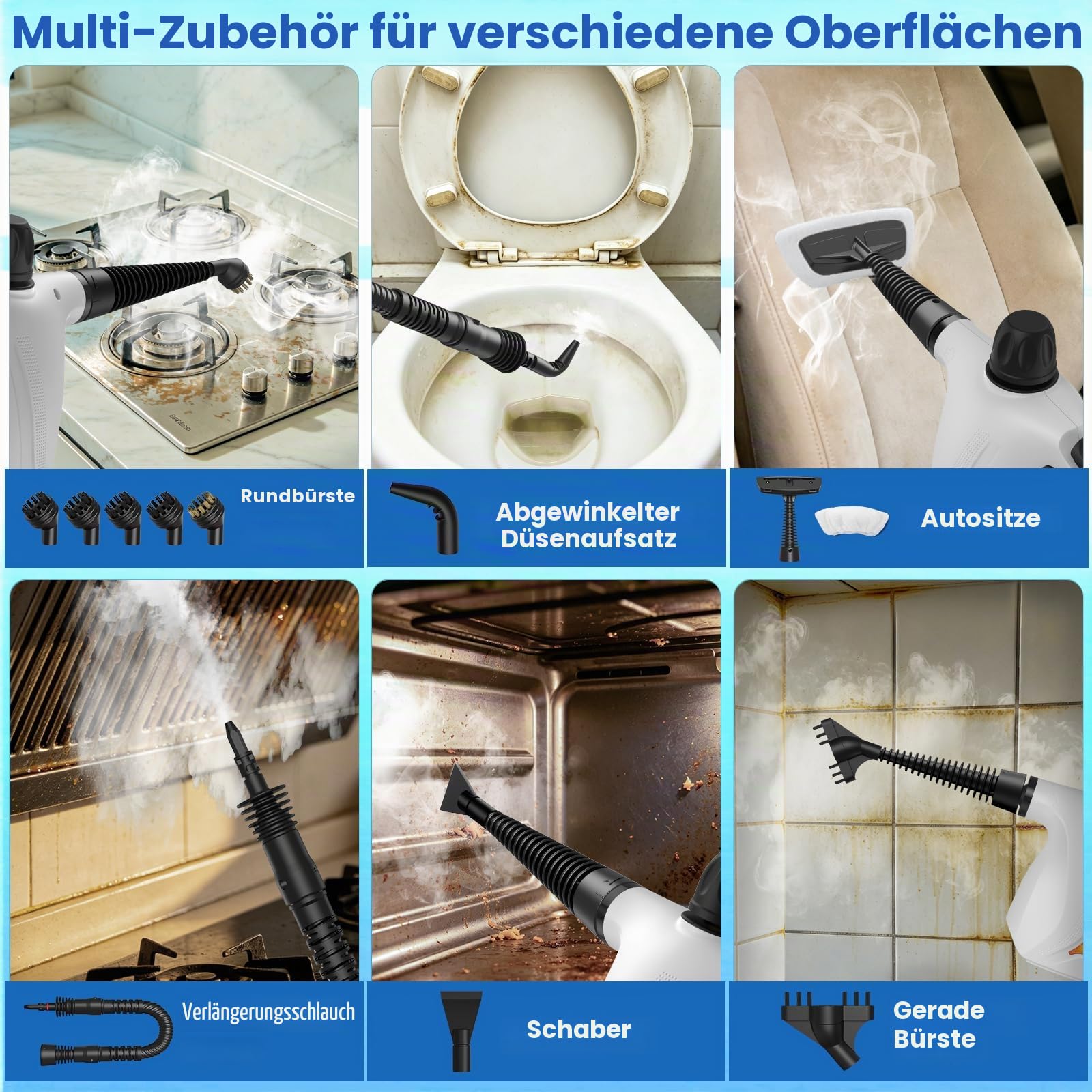 Handdampfreiniger mit Sicherheitsverriegelung und 14 Aufsätzen, geeignet für Badezimmer, Küchen, Möbel, Textilien, Fliesenfugen und Kochfelder (Schwarzweiß)