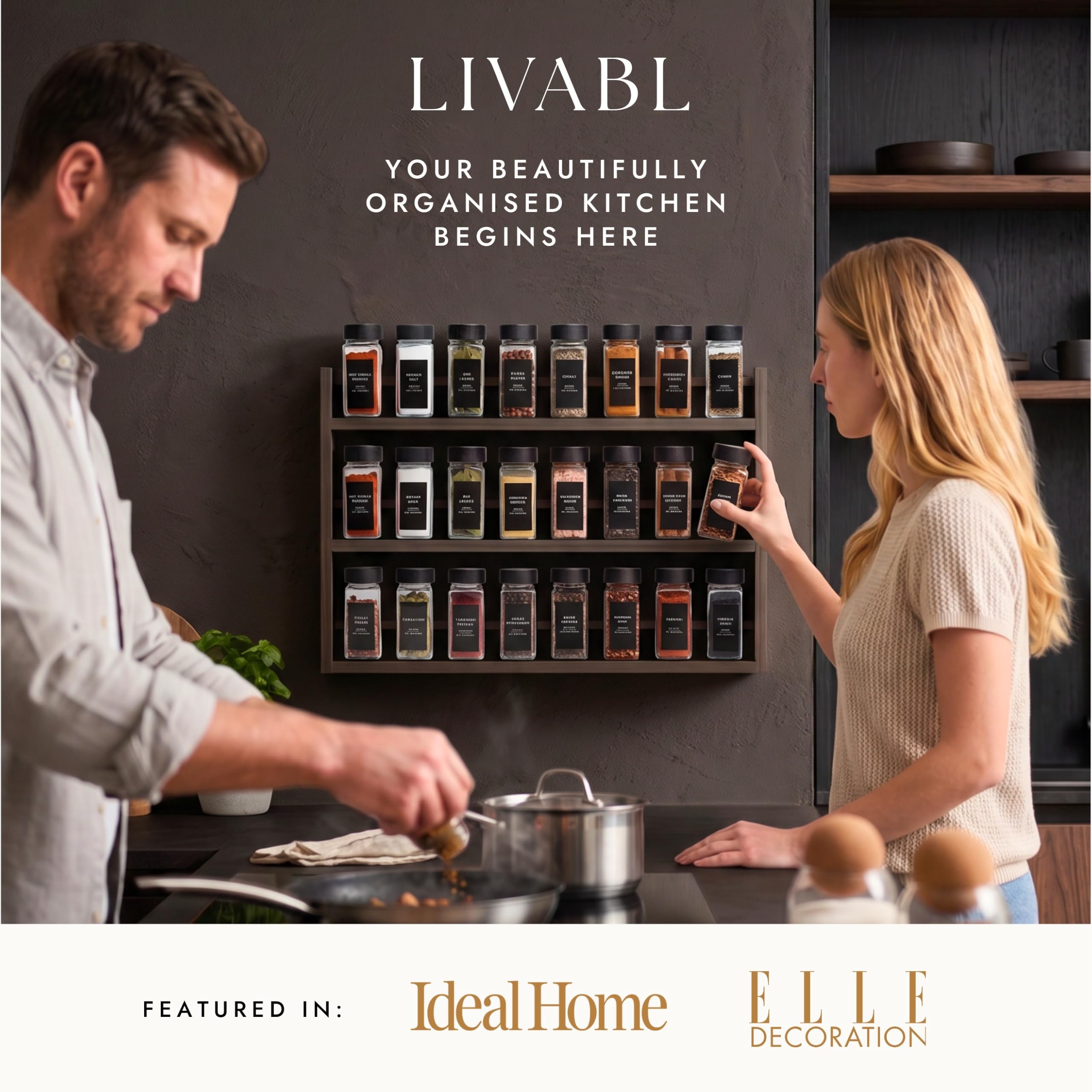 Livabl Schwarze Bambus-Gewürzgläser mit Deckel (120 ml, 24 Stück) und Etiketten, Glas-Vorratsdosen mit Bambusdeckel, 360 minimalistische, wasserdichte Gewürzglas-Etiketten, luftdichte Küchenbehälter