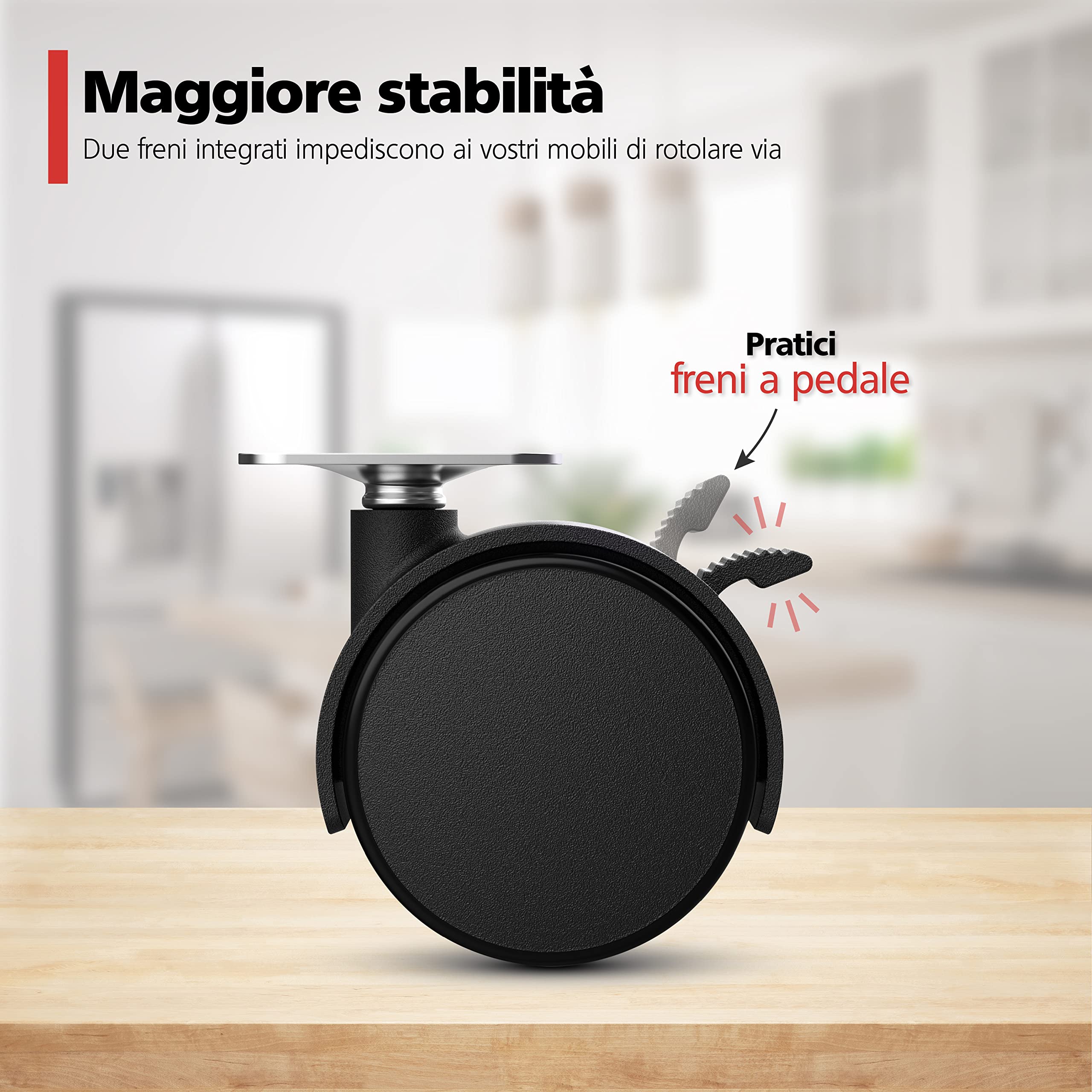 RAVN HAMAN Set di 4 Ruote per mobili 40 mm - Ruote piroettanti con freno fino a 25 kg per ruota - Ruote pivottanti per mobili da interno - Rotelle girevoli con bassa resistenza al rotolamento