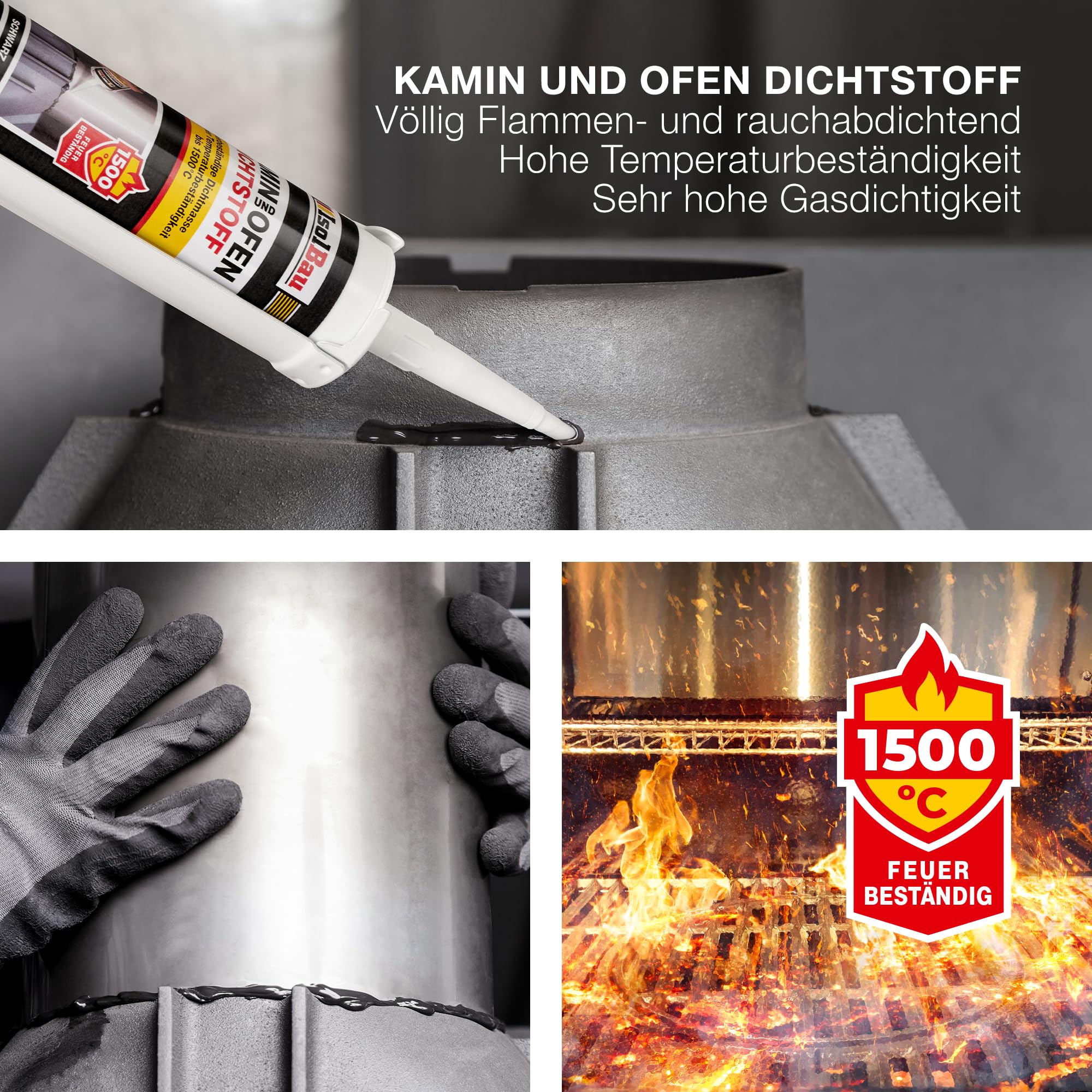 Isolbau Kamin & Ofen Dichtstoff - Feuerbeständige Dichtmasse bis 1500 °C - Für Reparatur & Füllung von Rissen in Kaminen & Öfen - Schwarz, 36 x 300 ml Tube