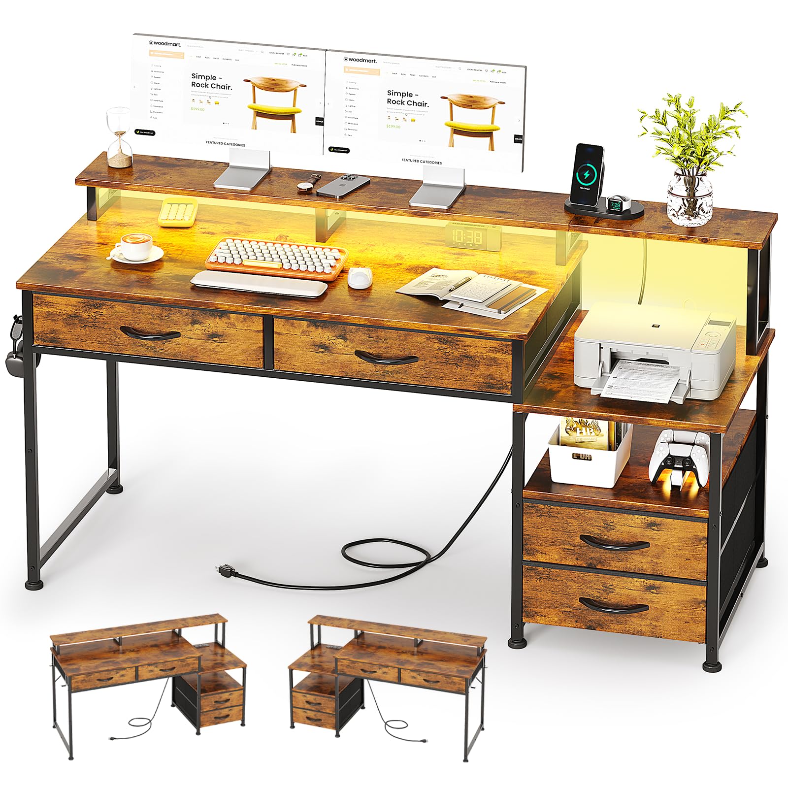 53" Computer Desk with 4 Drawers & Power Outlets, Reversible Home Office Desk with Monitor Stand & Printer Stand, Gaming Desks with Led Lights, Study Writing Work Desks Table for Bedroom, Vintage