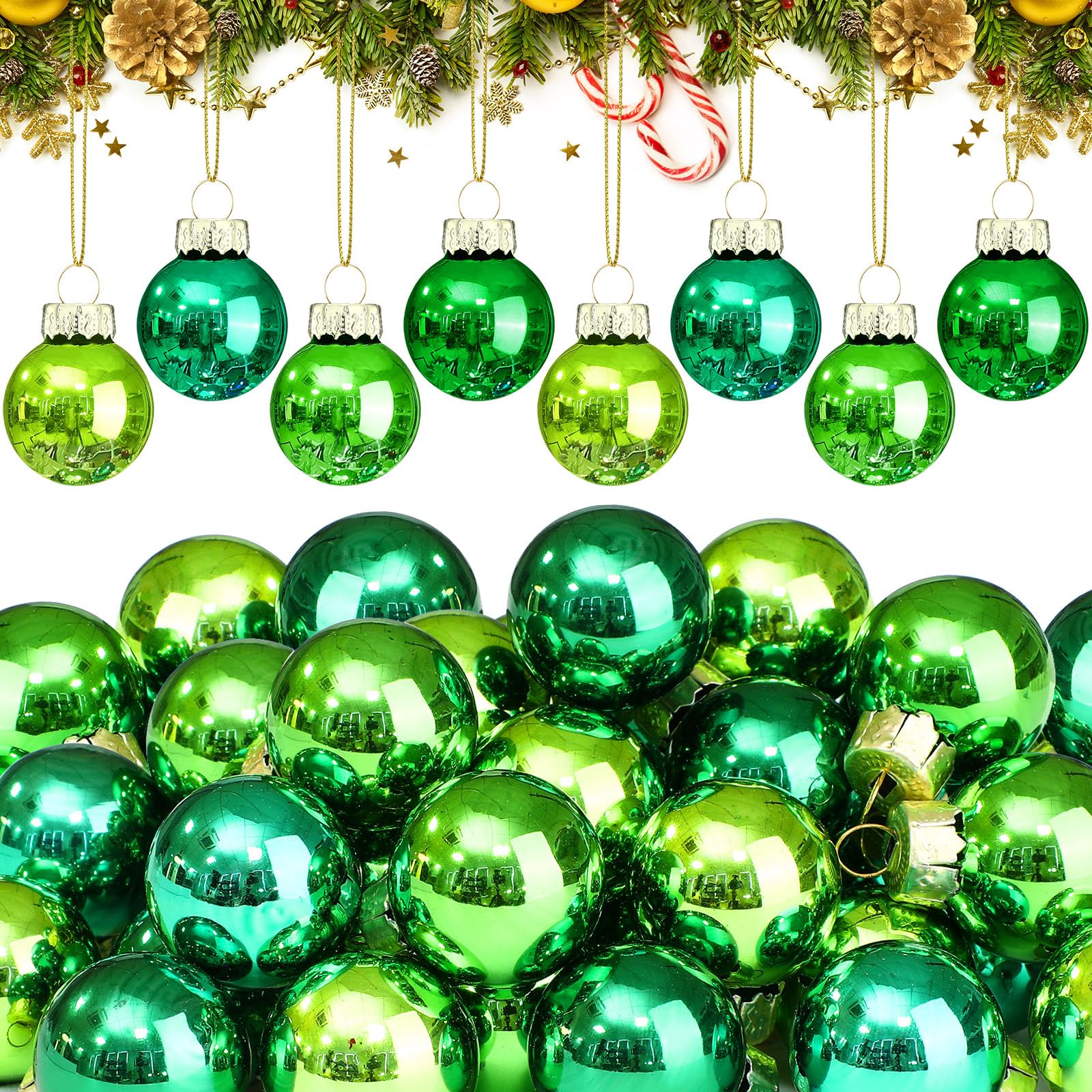 Tioncy 32 Pcs 1'' Mini Glass Christmas Ornament, Small Green Series Balls