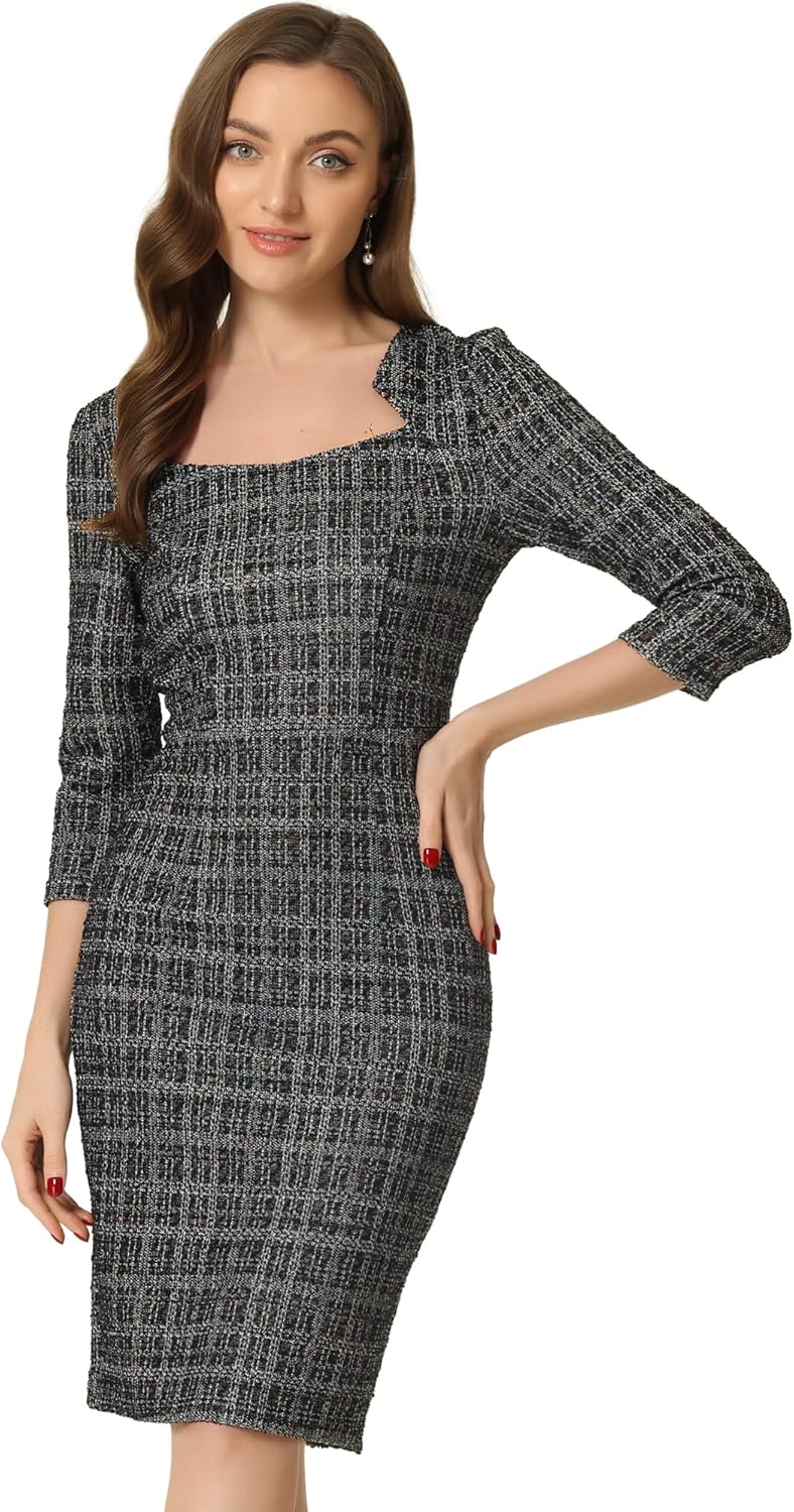 Allegra K Tweed Dress for Women Elegant 3/4 Sleeve Plaid Business Work Bodycon Pencil Dress