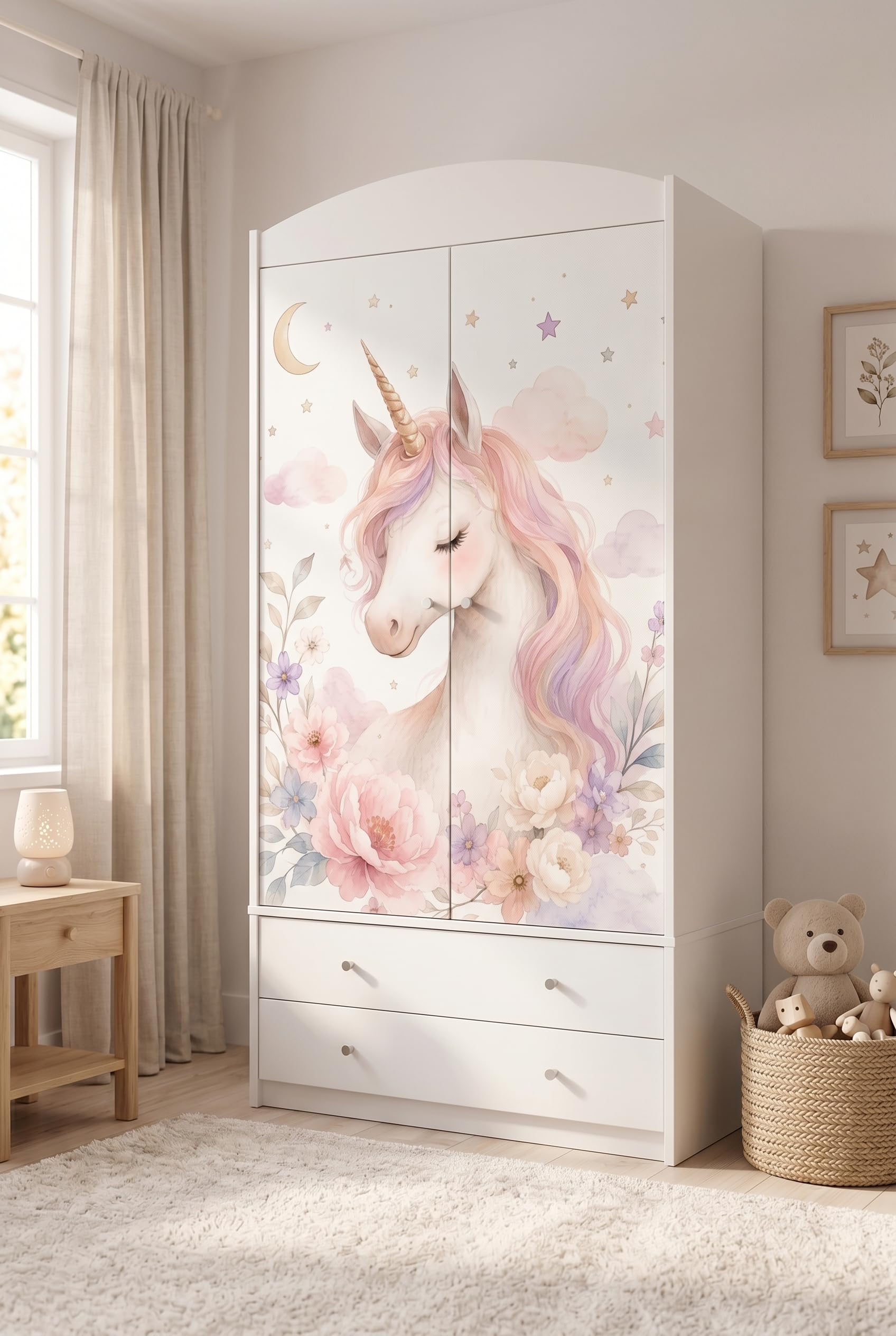 Happy Babies Kinderkleiderschrank mit bezauberndem Motiv – 2-türiger Schrank für Kinderzimmer inkl. 2 Schubladen, Kleiderstange & Einlegeböden, Weiß (88x187x54 cm) (Nr 452)