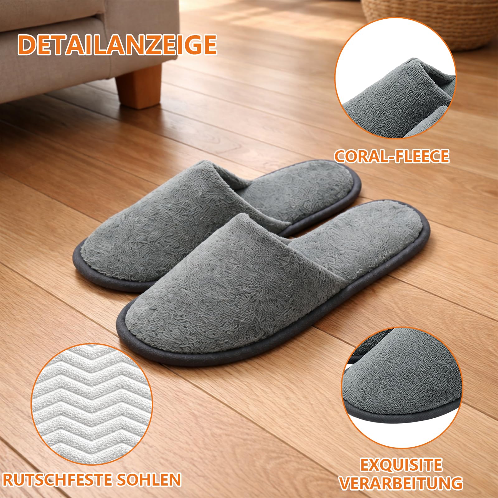 3 Paar Hotelslipper, Gästehausschuhe Set, Weiche Tragbar, Hotel Hausschuhe für Home, Reisen, Hochzeiten, Wellness-Bereiche und Partys, Grau