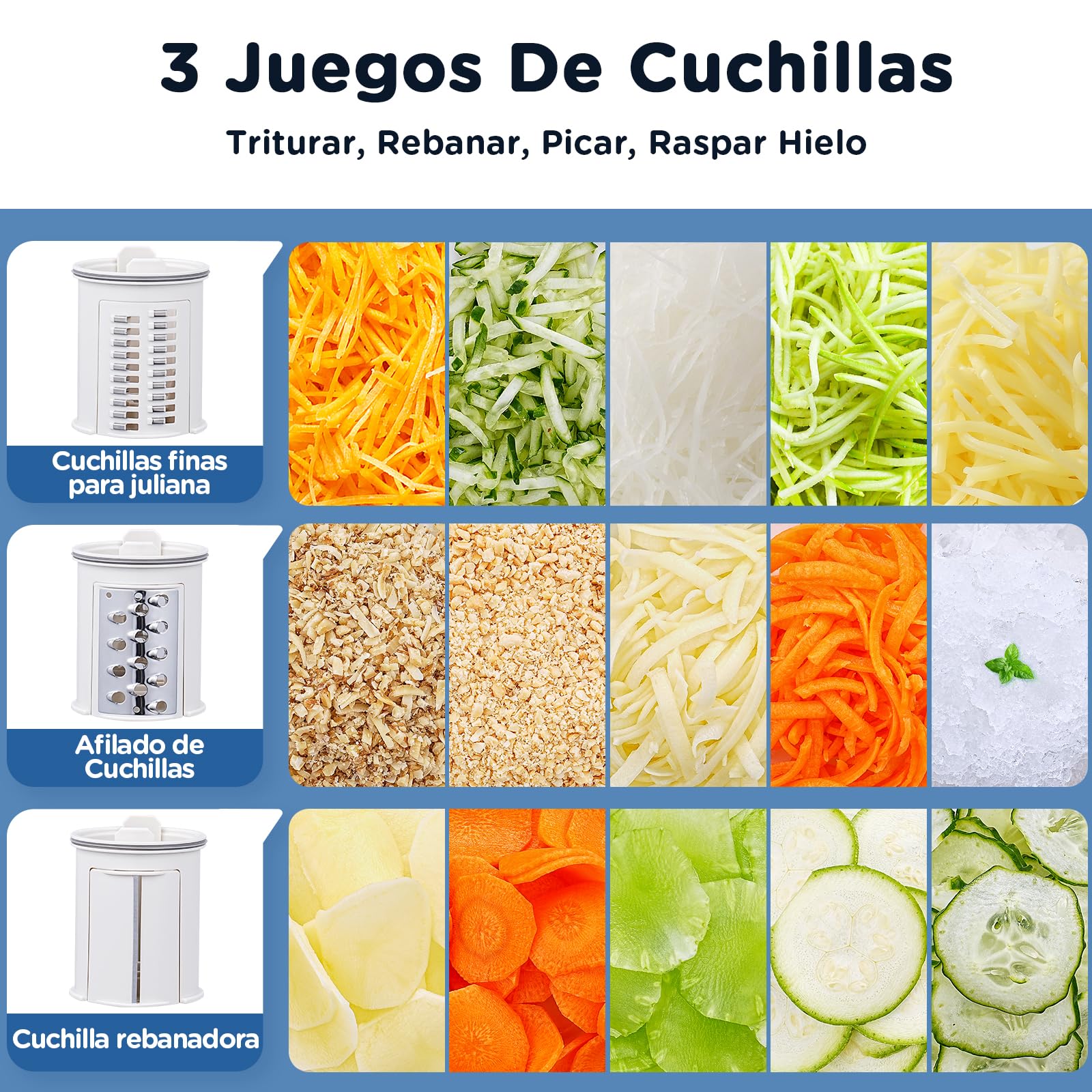 Rallador electrico, AOBOSI Cortador Verduras Electrico con Gran Tolva para Zanahorias Enteras,Patatas, 3 Cuchillas y Motor Silencioso, caja de almacenamiento-Actualizar