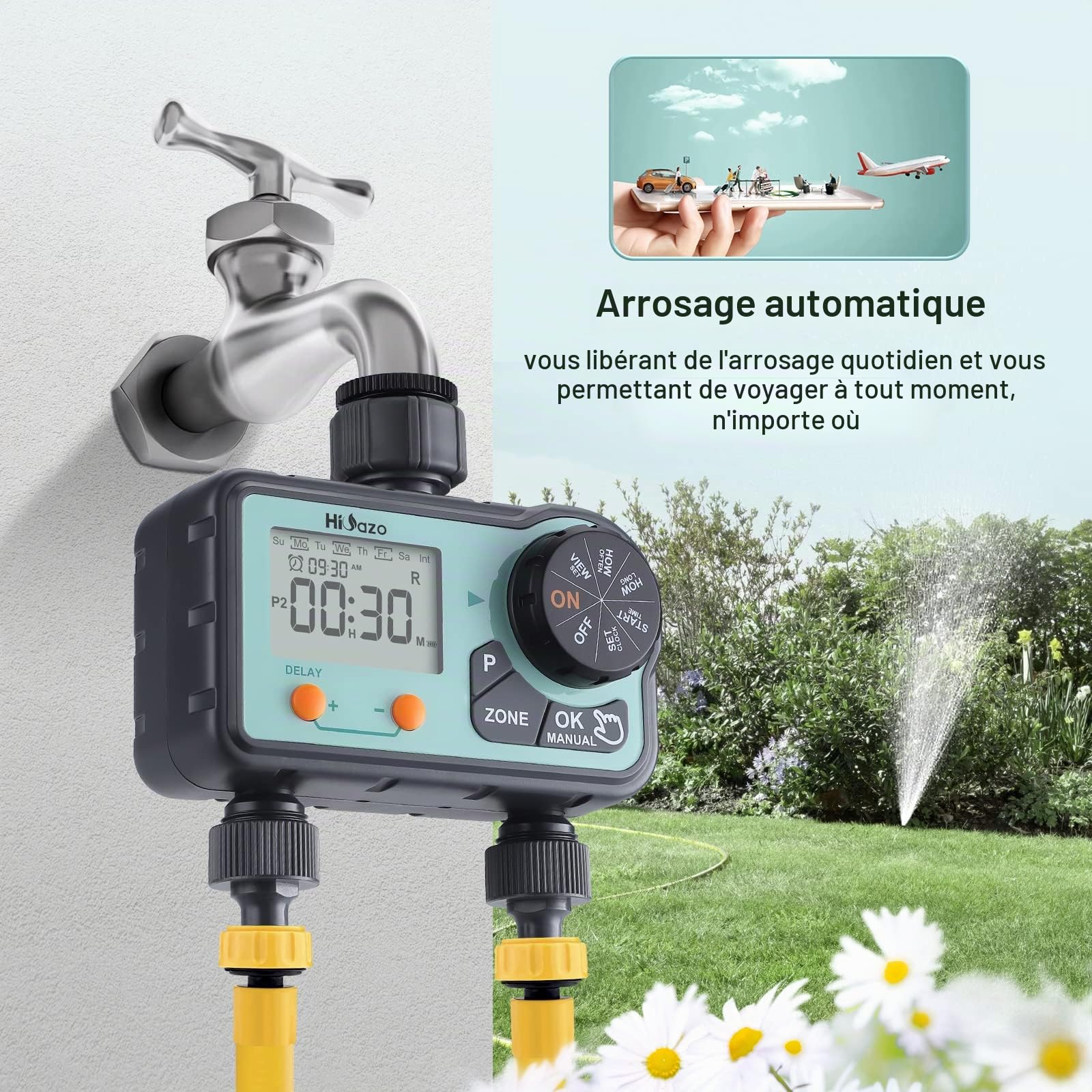 Programmateur Arrosage Automatique, 2 Sorties 6 programmes d'arrosage par Jour, arrosage Automatique et Rapide, Prend en Charge Le Mode Manuel/Retard de Pluie/Protection de Batterie Faible