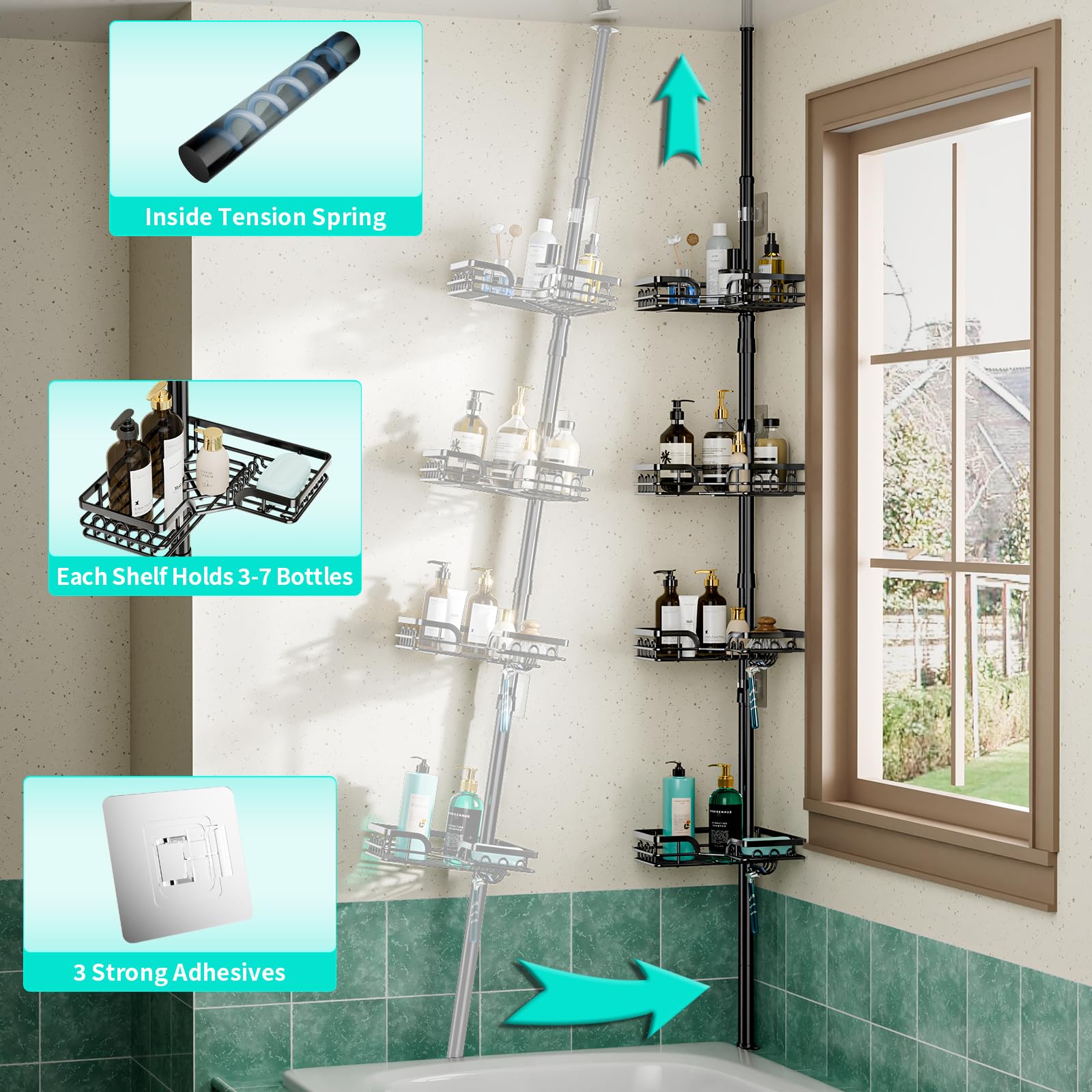 HapiRm Organizador de ducha esquinero, resistente al óxido y al agua, con soporte para jabón, barra de tensión extensible de 104.3 a 113.8 pulgadas, color negro