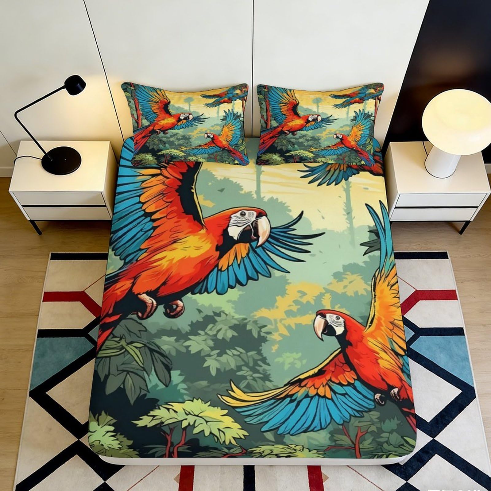 3D Printed Tropical Parrot Fitted Sheet Microfiber Soft Mattress Cover Jungle Birds Bedroom Dorm Protector 160x200x25cm
