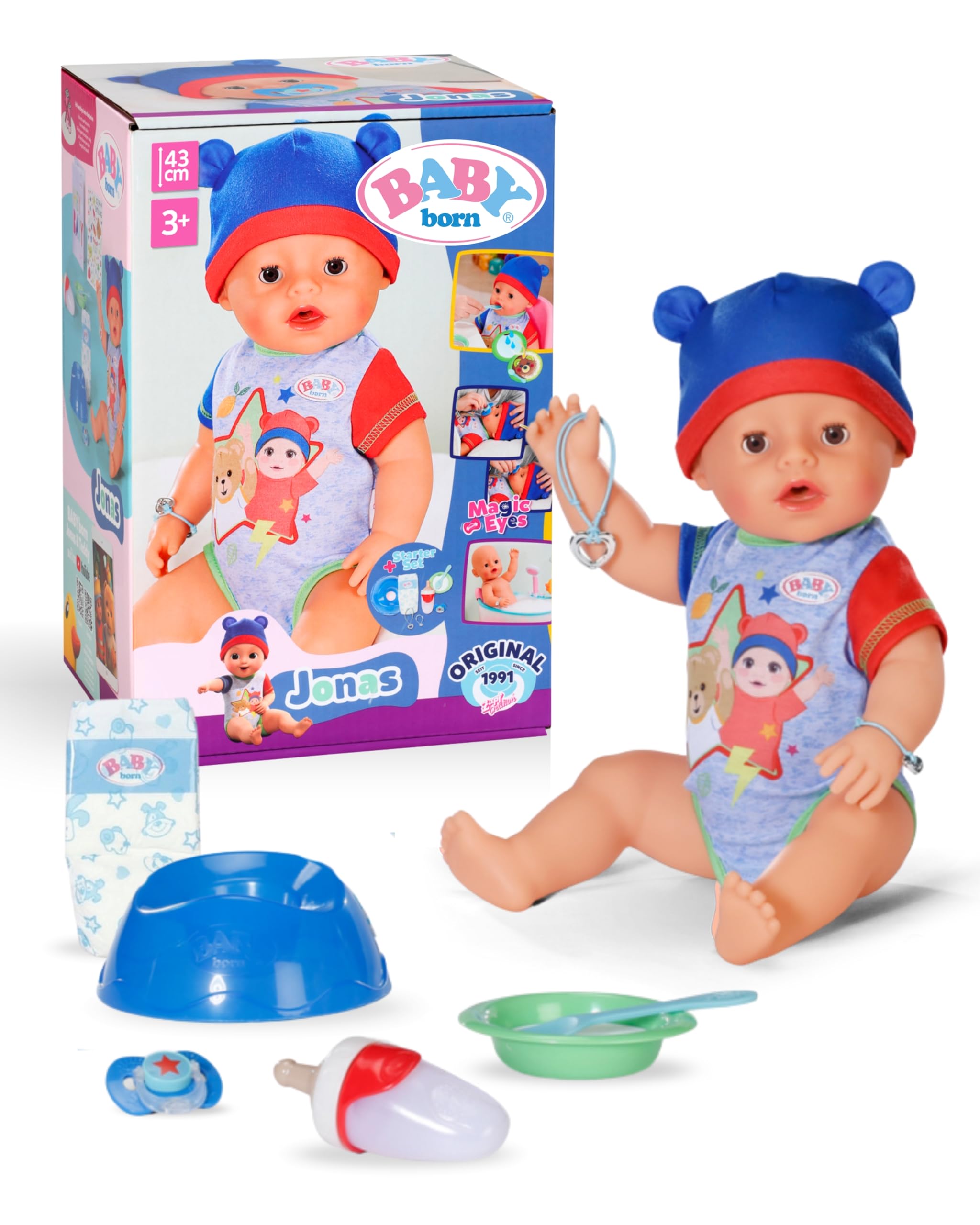 Jonas - 43 cm large Baby Doll - 10 Functions incl. Accessories & Romper - Works completely without batteries - Suitable for children from 3 years