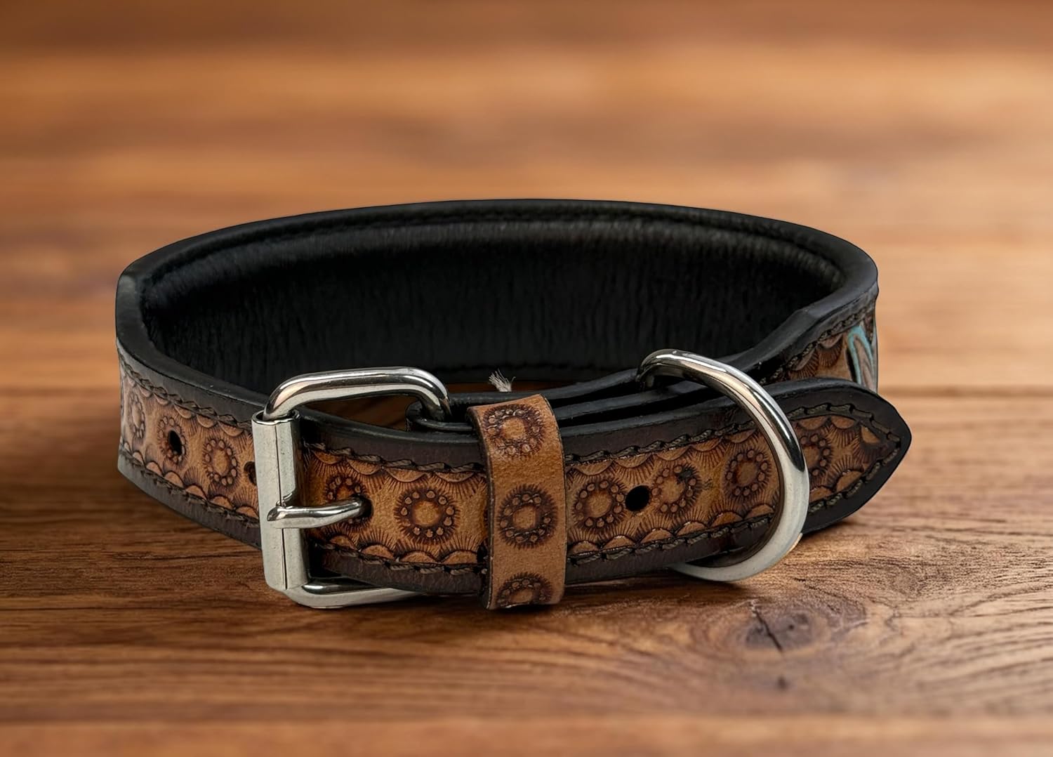 Genuine Leather Dog Puppy Collar Western Style Beaded Tooled Handmade Padded 1.5" Wide Full Grain Leather (XL (22"-25"))