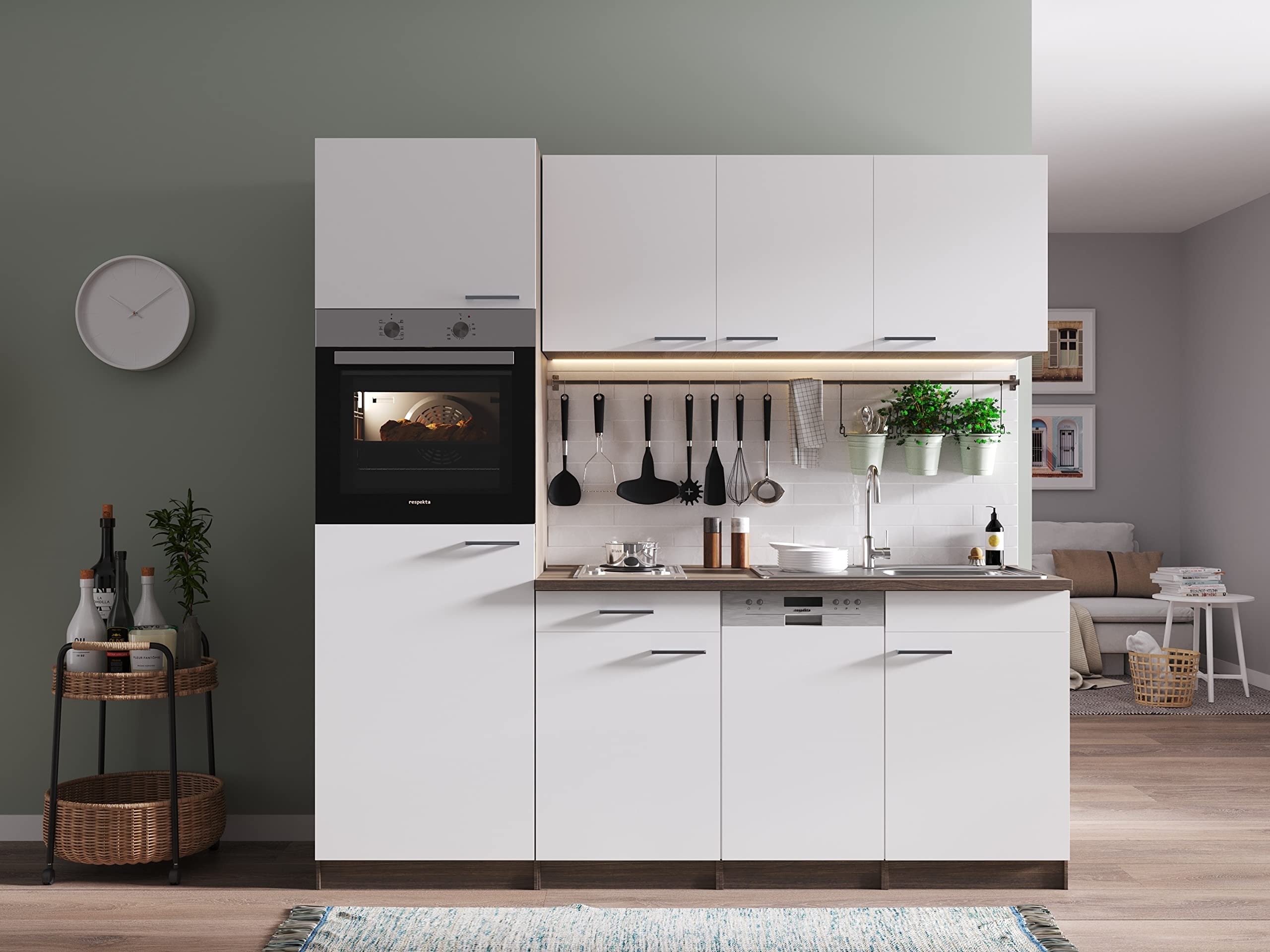 respekta Küchenzeile Oliver KB205EYW Weiß 205 cm Breite mit Elektrogeräten