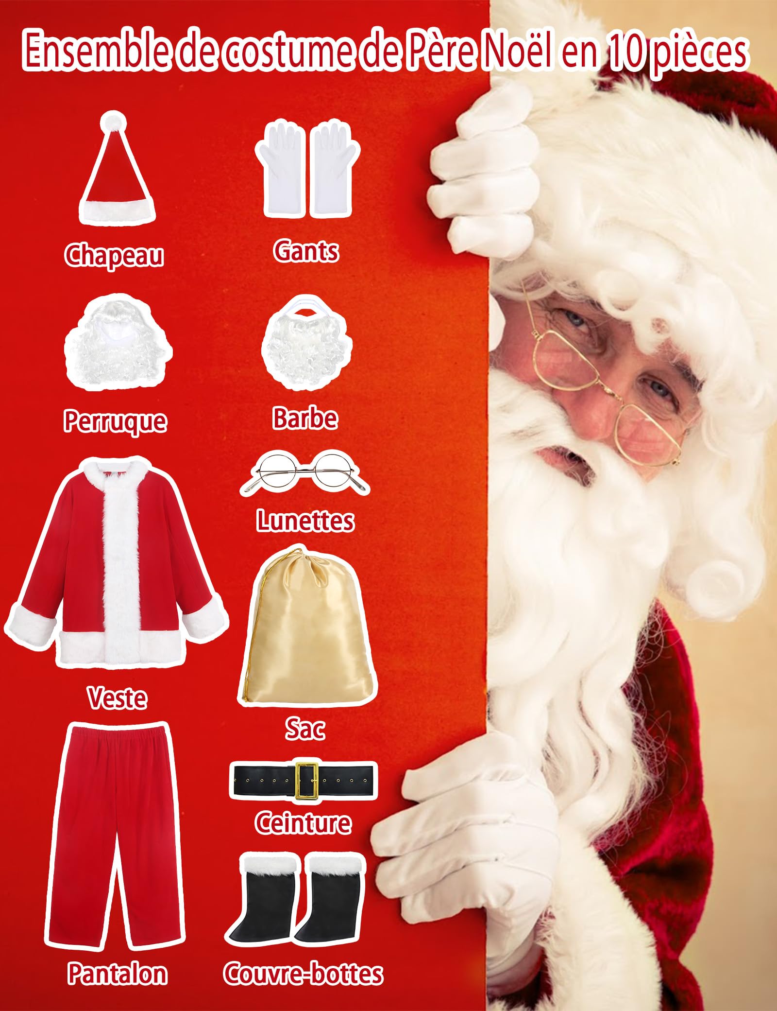 Costume de Père Noël pour hommes, de luxe, adulte, 10 pièces, rouge, professionnel, tenue de Père Noël, cosplay, fête