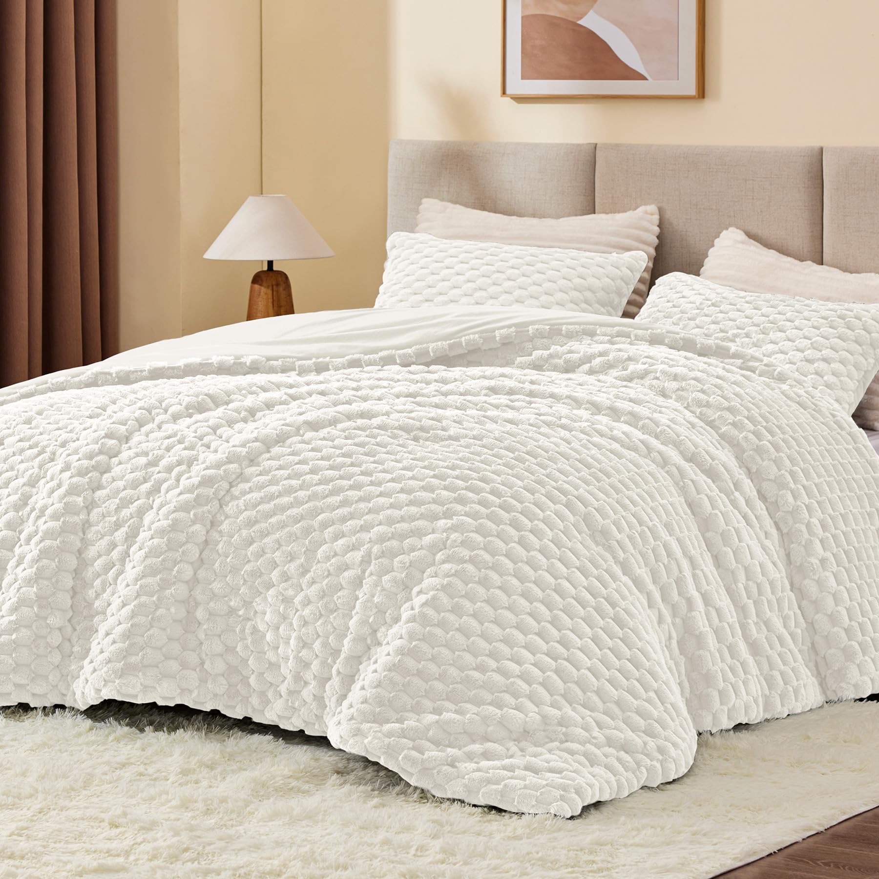 BEDELITE Fluffy Queen Comforter Set, White Ivory Fleece Bed Set 3 Pieces