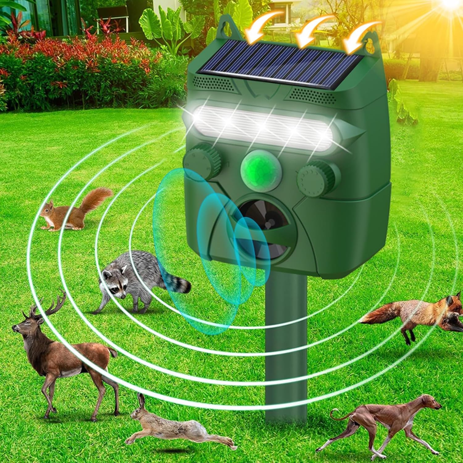 Gardens Katzenschreck, Ultraschall Katzenschreck mit 5 Modi, PIR Sensor, USB-C & Solarbetrieben, Wasserdicht, Katzenschreck Schrecken Katzen / Füchse / Dachs ab, um Verschmutzung zu reduzieren