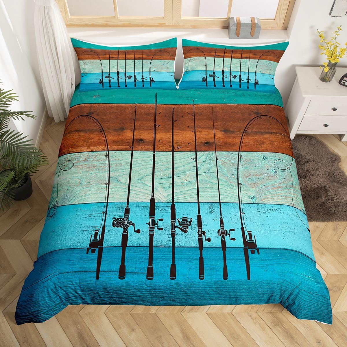 Fishing Comforter Cover Queen Fishing Pole Duvet Cover Fishing Gifts for Men,Vintage Rainbow Wood Bedding Set Go Fish Quilt Cover,Angle Hook Fishing Accessories Rustic Home Decor,Watercolor