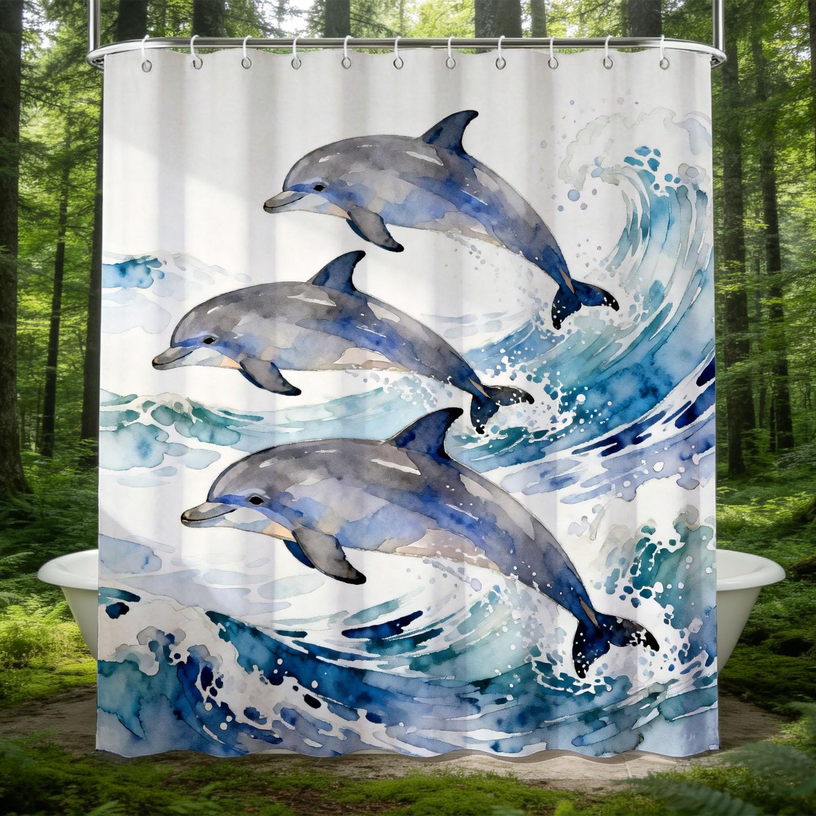 Hongduo White 3D Cartoon Dolphin Shower Curtain For Stalls Bathtubs Watercolor Bathroom Decor Shower Curtain Set Polyester Fabric Waterproof 180X200cm/71X79 Inch With Hooks