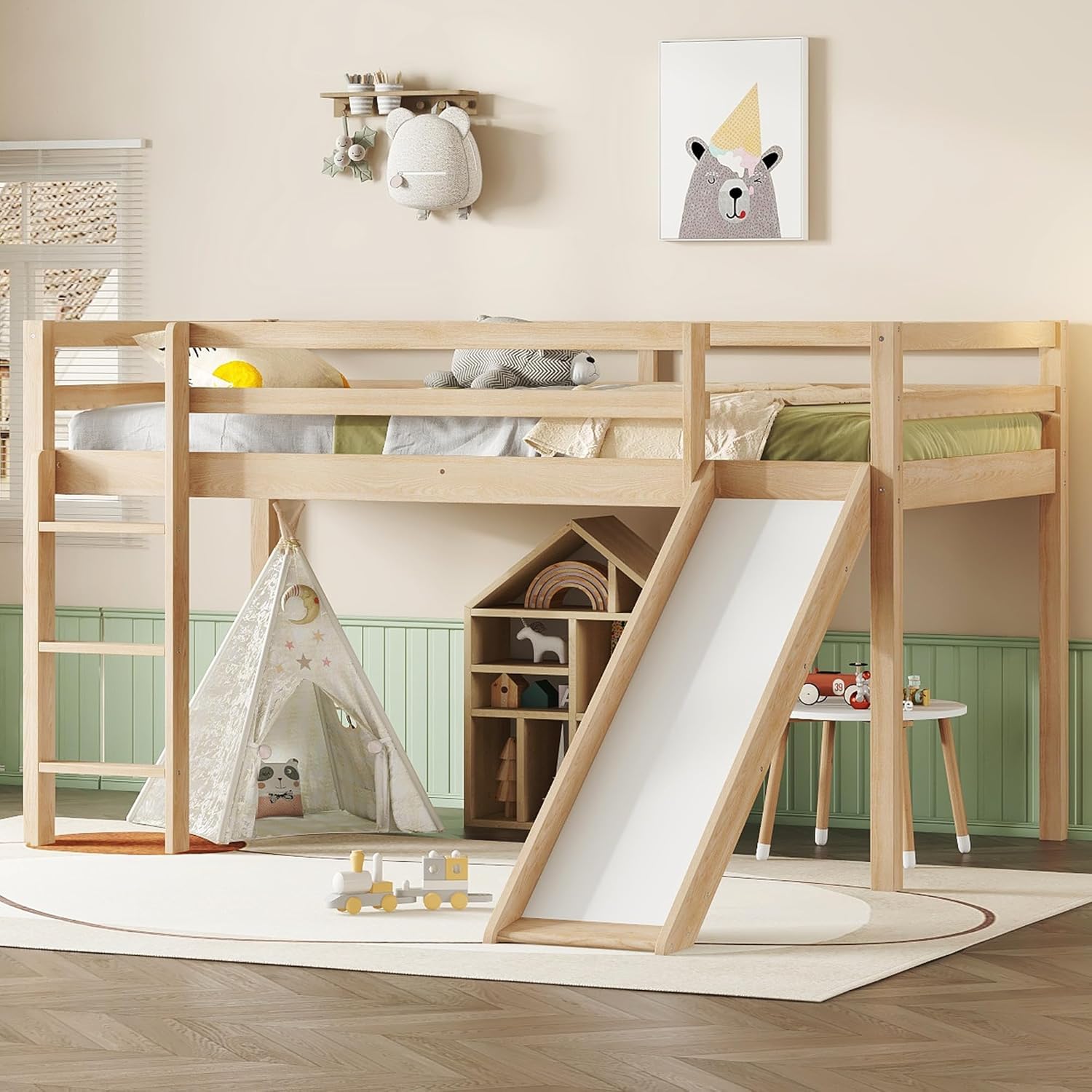 Bellemave Twin Size Low Loft Bed Frame with Slide and Guardrails,Kids Loft Bed with Ladder,Rubber Wood Low Loft Bed Twin Size for Girls Boys,Natural