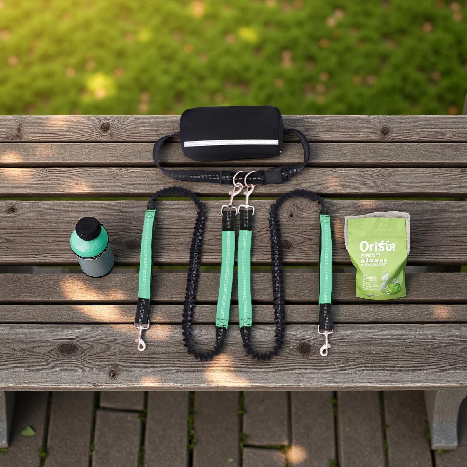 Guinzaglio libero per cani con tasca, doppio guinzaglio per 2 cani, estensibile, cintura in vita regolabile, riflettente, nylon resistente, verde