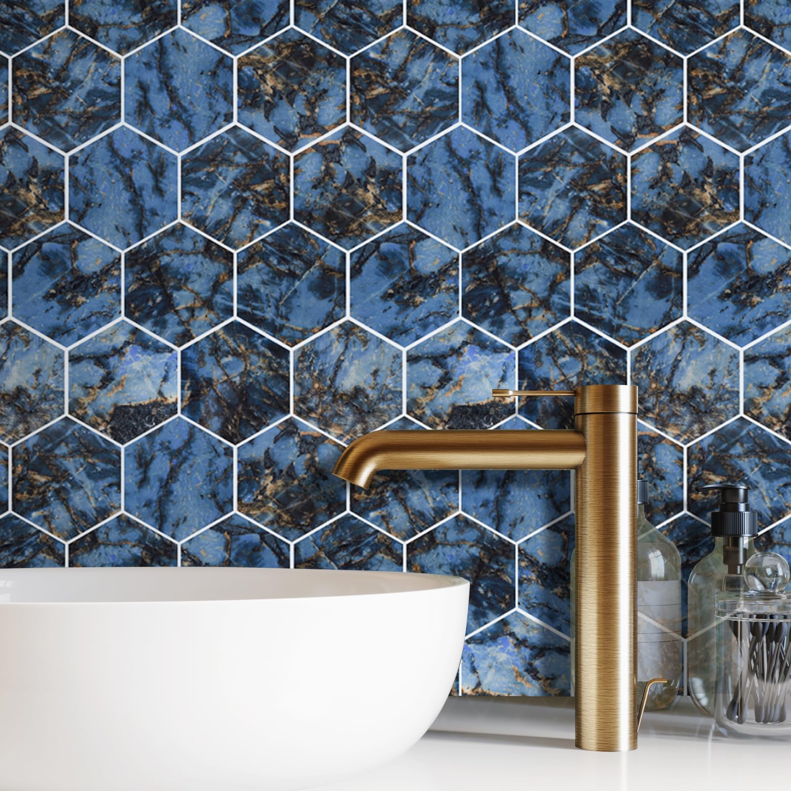Miscasa Peel and Stick Marble Hexagon Tile – 6 Sheets Self Adhesive Glossy Blue Marbled Wall Tiles for Kitchen Backsplash & Bathroom, Stick On