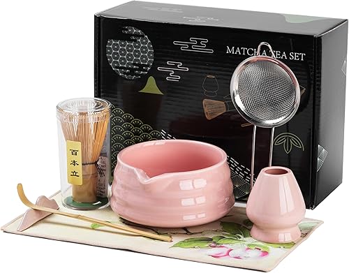 Juego de batidor de matcha, 7 piezas de color rosa estilo japonés con cuenco, batidor, cuchara, tamiz, soporte, toalla y soporte