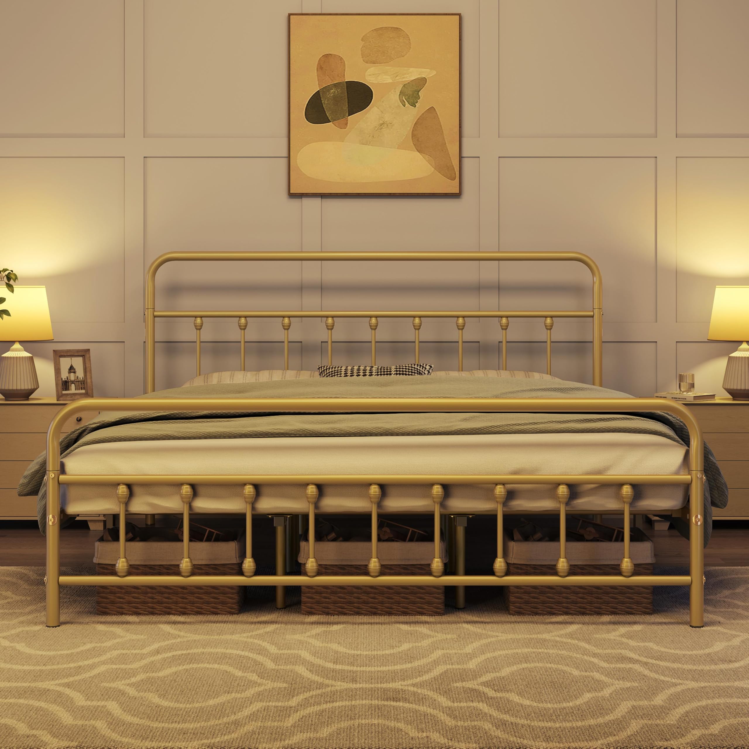 Topeakmart King Size Victorian Style Metal Bed Frame with Headboard/Mattress Foundation/No Box Spring Needed/Under Bed Storage/Strong Slat Support Antique Gold