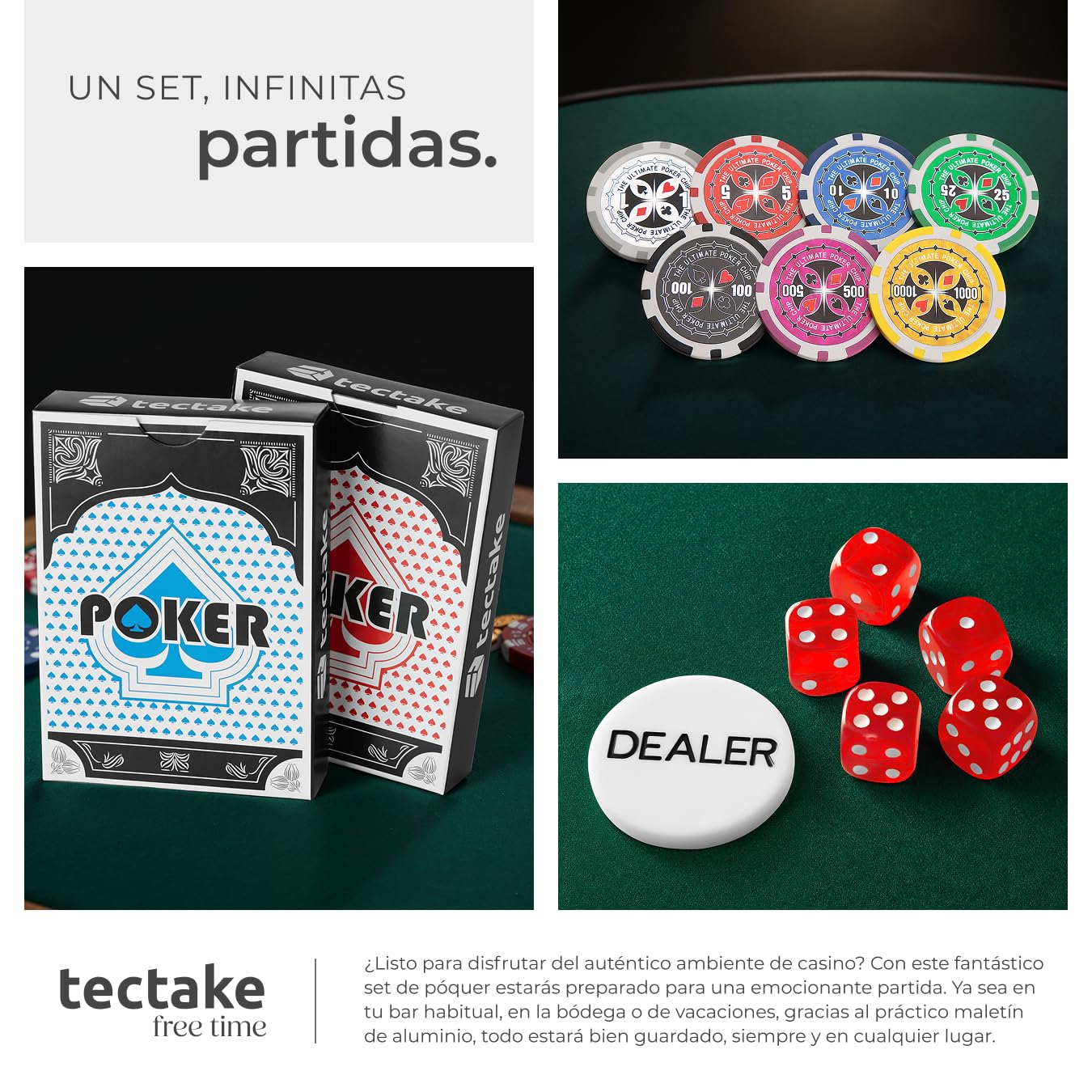 tectake 402559 Maletín de Póker Aluminio con Fichas Láser Poker Chips, 500 Pieza, Incl. 5 Dados + 2 Barajas de Cartas + 1 Ficha de Dealer, Plateado