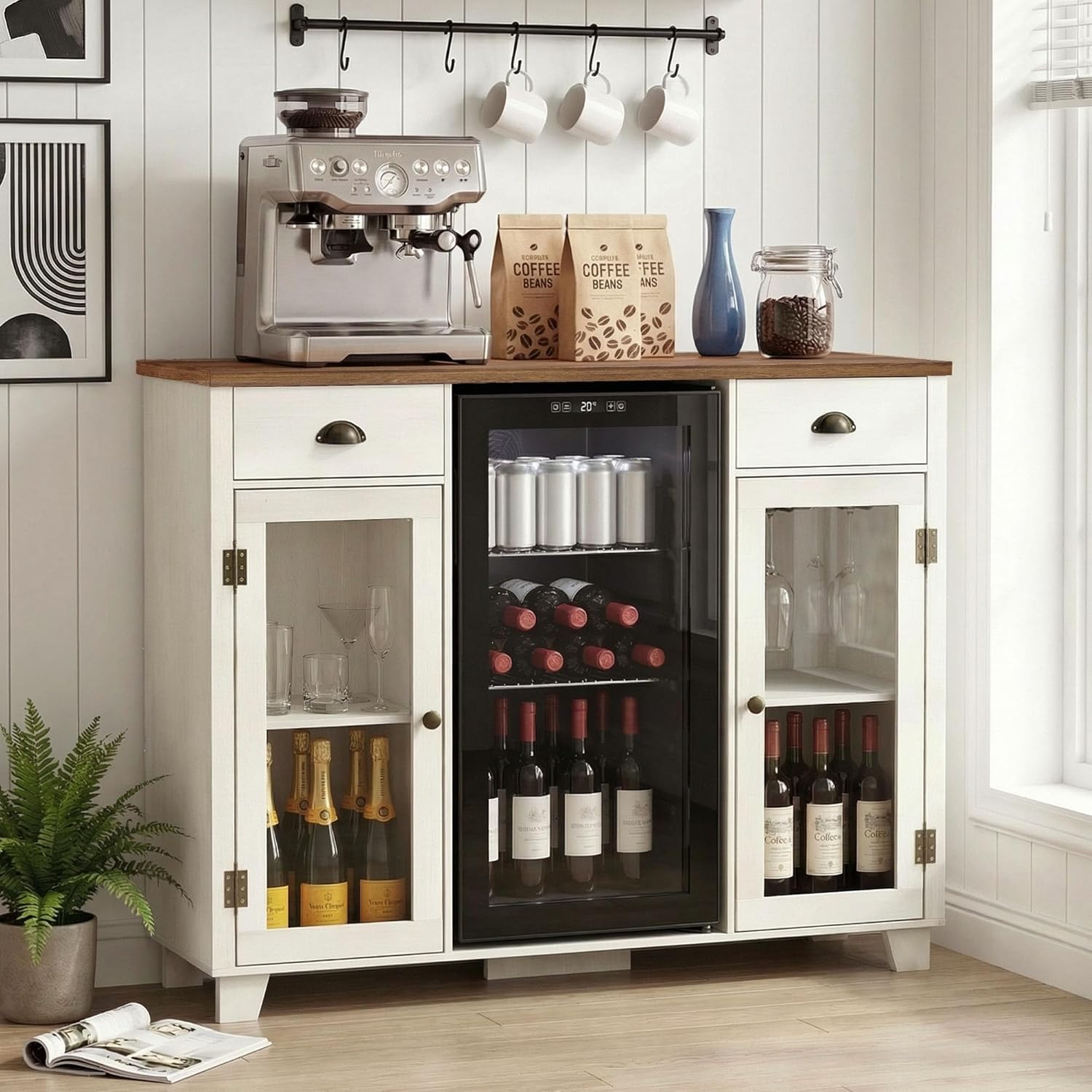 LAZZO 52" Mini Fridge Cabinet Large Coffee Bar with Mini Fridge Space,Power Outlet & Goblet Holder Bar Cabinets for Home Buffet Cabinet with Storage for Kitchen Dining Room Living Room Beige (52" L)