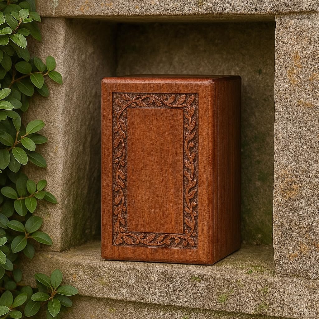 Urna de madera de palisandro hecha a mano para cenizas humanas para adultos, capacidad de 200 pulgadas cúbicas, urna funeraria con borde grabado para cenizas, caja de recuerdo conmemorativa