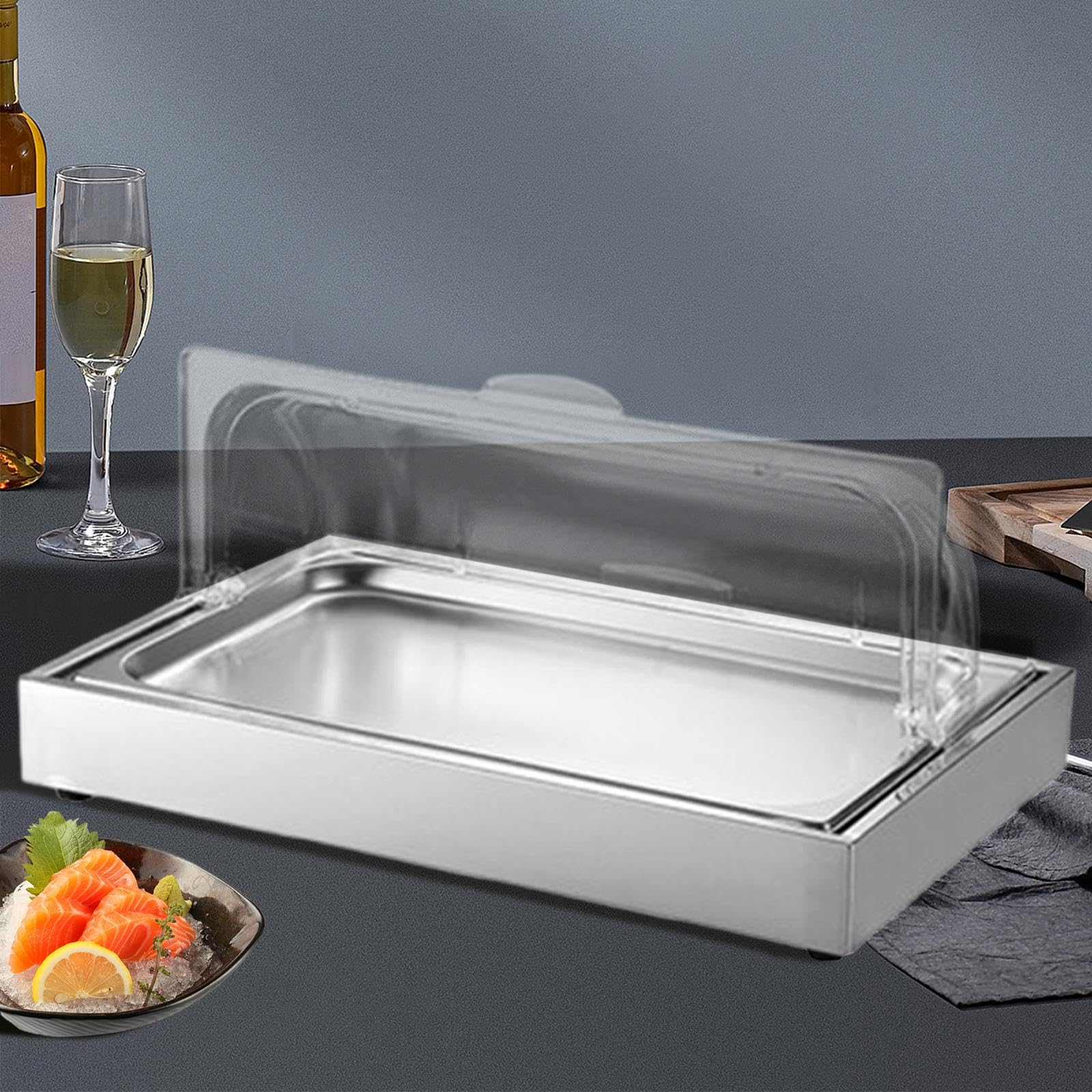 Bandeja de Servicio Frío con Tapa Abatible Placa de Exhibición para Fuente de Buffet Enfríadora Soporte de Presentación de Alimentos Acero, Plata