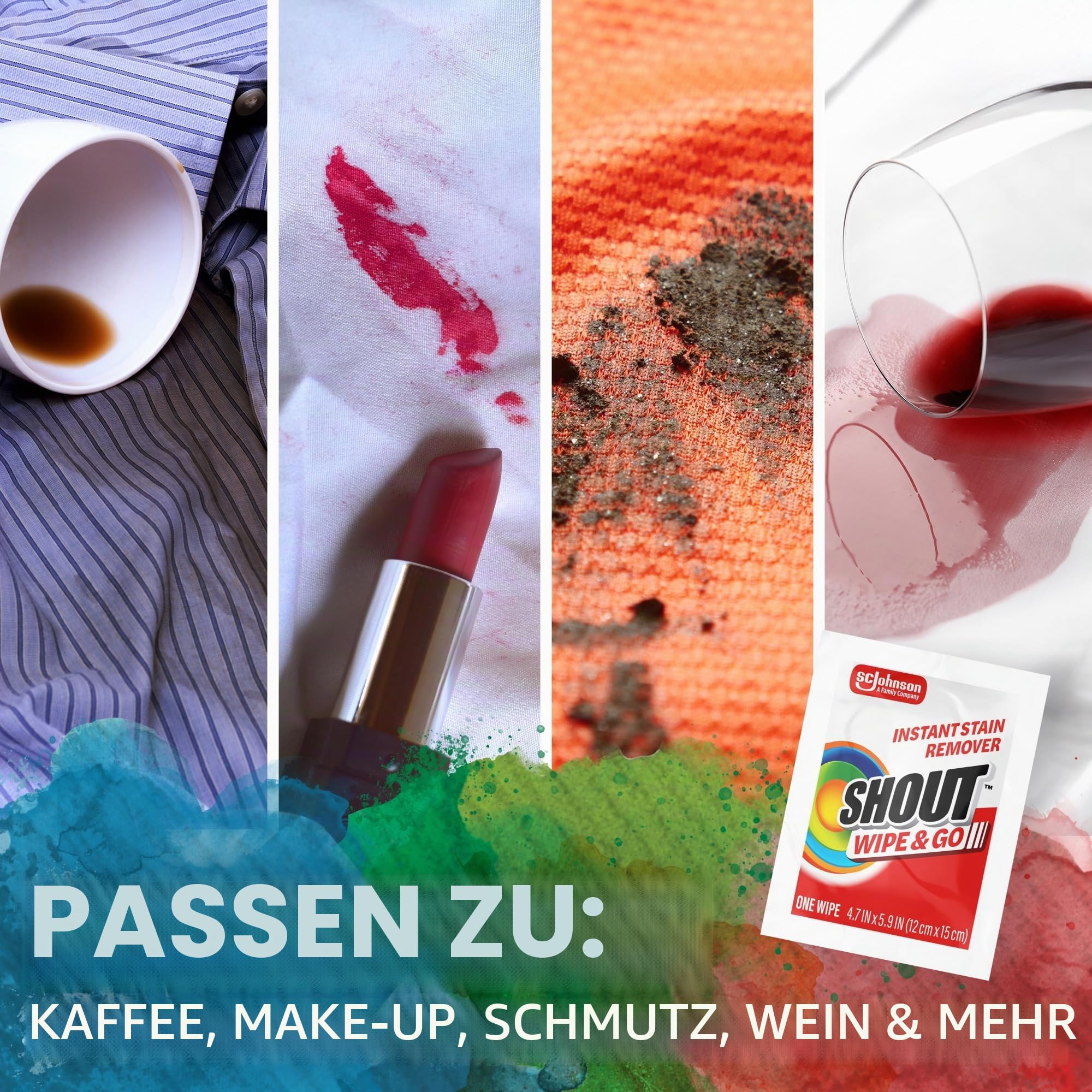 Shout Wipes – tragbare Fleckenreinigungstücher, 6er-Pack, 72 Tücher