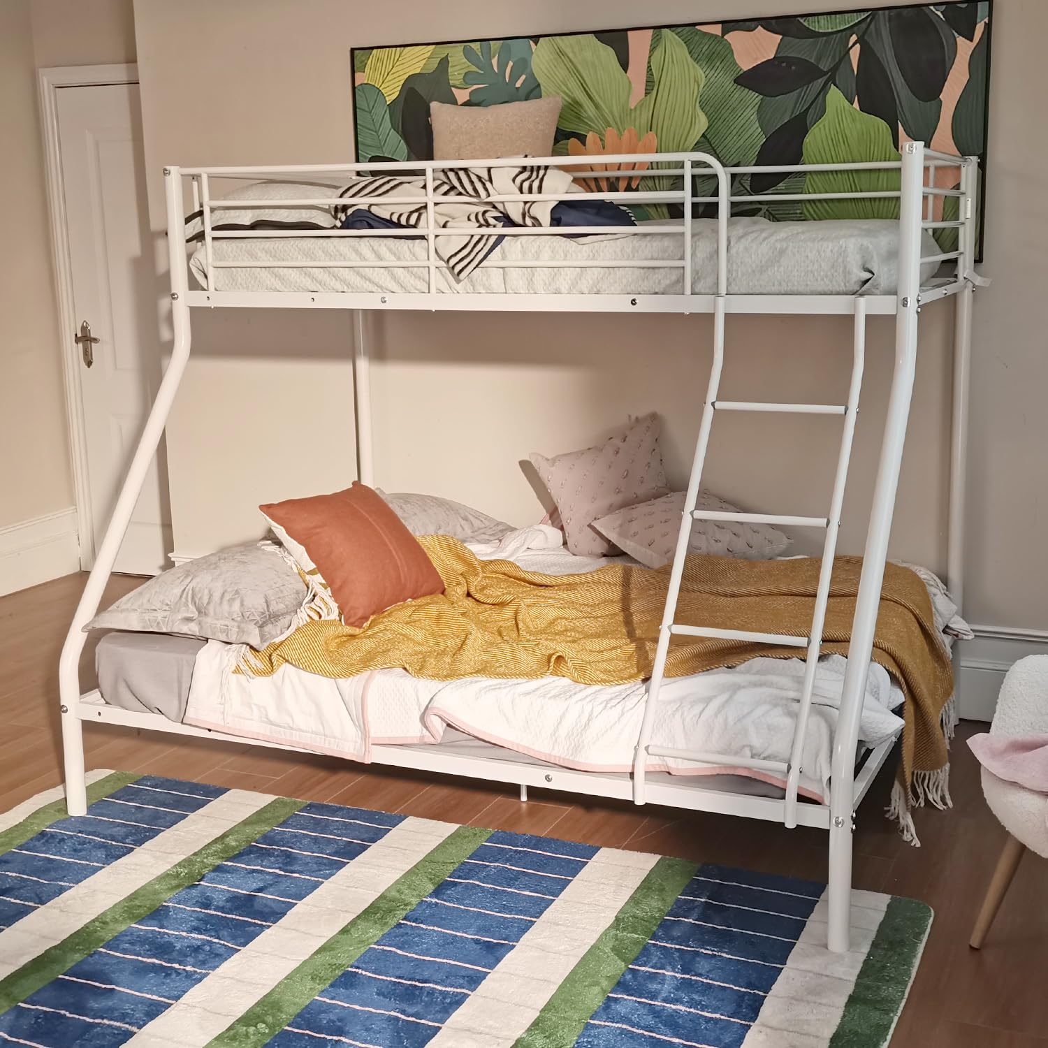 MEUBLE Cosy Litera 3 Personas Marco de Camas Infantil 90 & 140x190cm de Metal con Somier Barandilla y Escalera Estructura Tubular para Niño Dormitorio Casa, Blanco