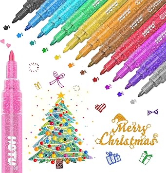 HOTU 12 Glitter Markers Pens, Metallic Shimmer Markers for Rock, Glass, Wood, Fabric, Halloween and Christmas Decoration, Sparkly and Shiny Glitter Paint Pens with Fine Tip 0.7 mm
