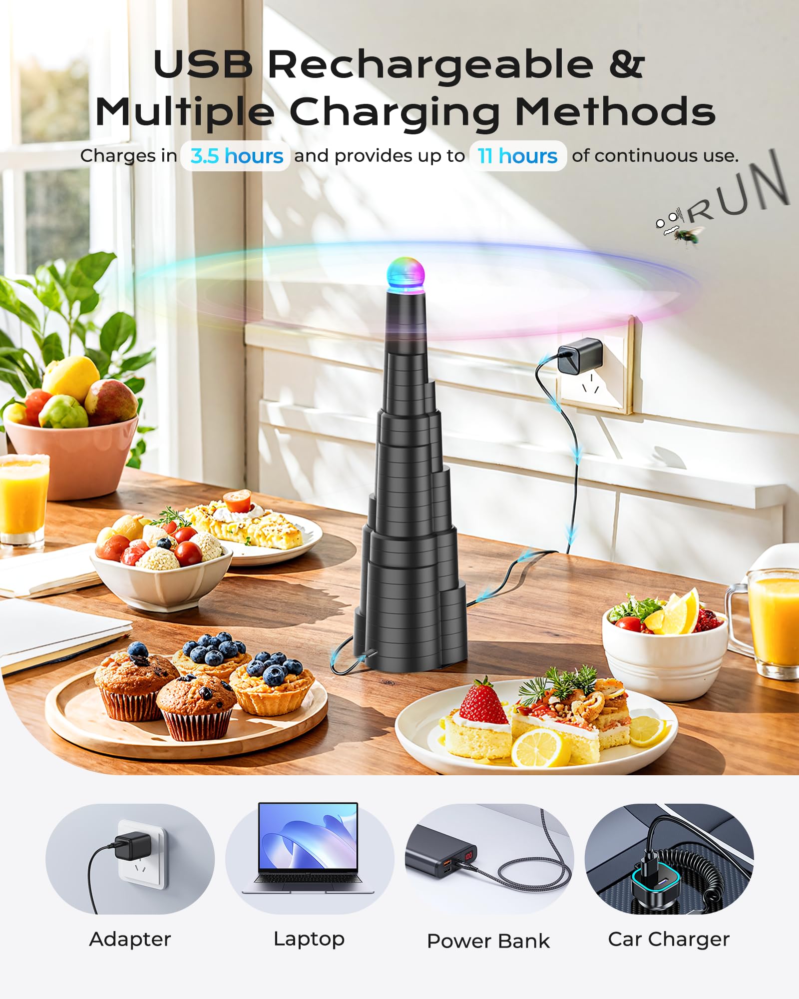 Ventiladores de mosca para mesas, ventiladores de alimentos recargables por USB, spinner de mesa con cuchillas holográficas suaves para picnic, restaurante, fiesta, hogar, barbacoa (paquete de 4)