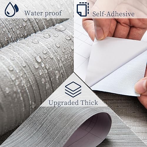 Miniatura 4 de Papel tapiz autoadhesivo para despegar y pegar, color gris oscuro, 24 x 393 pulgadas, tela de lino, papel adhesivo de vinilo grueso para paredes,