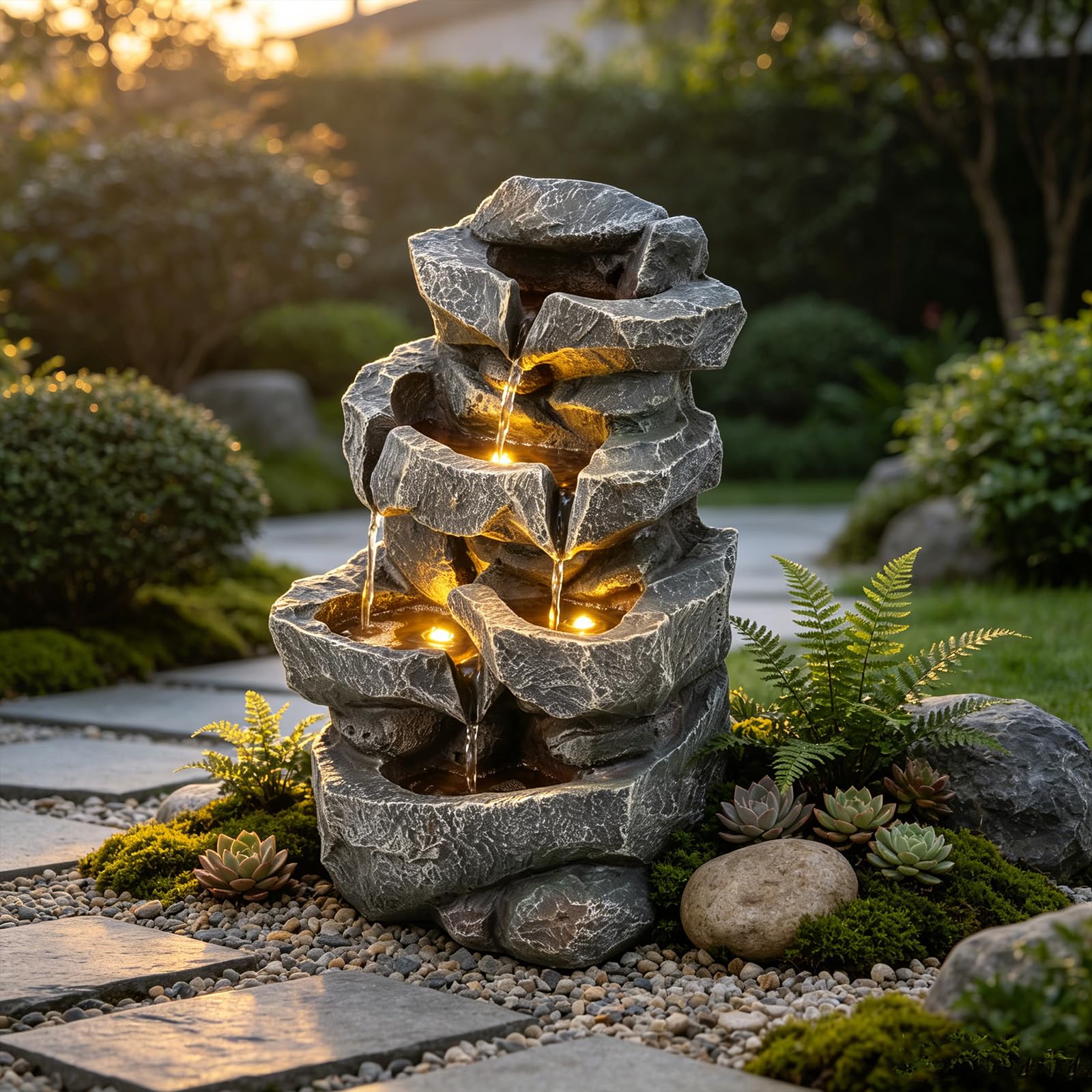 GYMAX Fuente Decorativa para Jardín y Exteriores (5 Niveles, Negro) | Fuente Decorativa con Iluminación LED y 4 Boquillas Intercambiables para Terraza, Balcón y Jardín