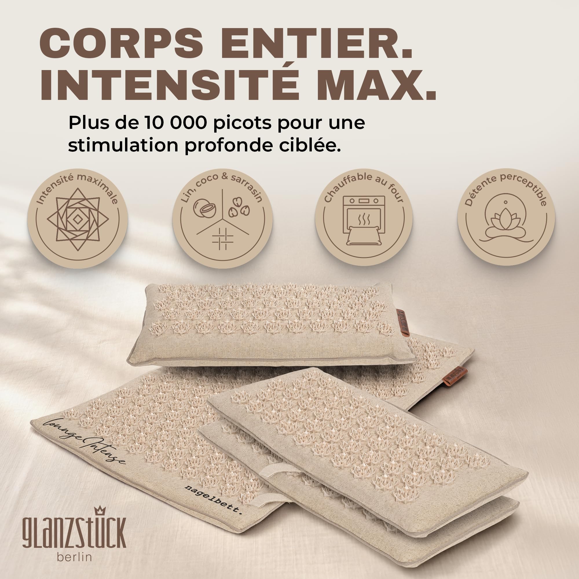 Glanzstück Berlin®: Tapis d'acupression XXL Lounge Intense pour tout le corps, idéal pour les débutants, en cas de tension, maux de tête, maux de dos, stress
