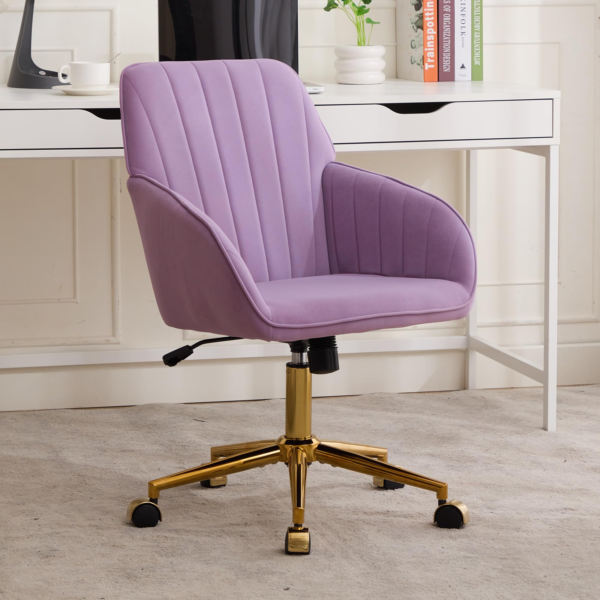 KEIKI Cute Velvet Vanity Chair with Adjustable Height Swivel Wheels, Modern Upholstered Backrest Office Desk Chairs for Bedroom, Study, Makeup Room,